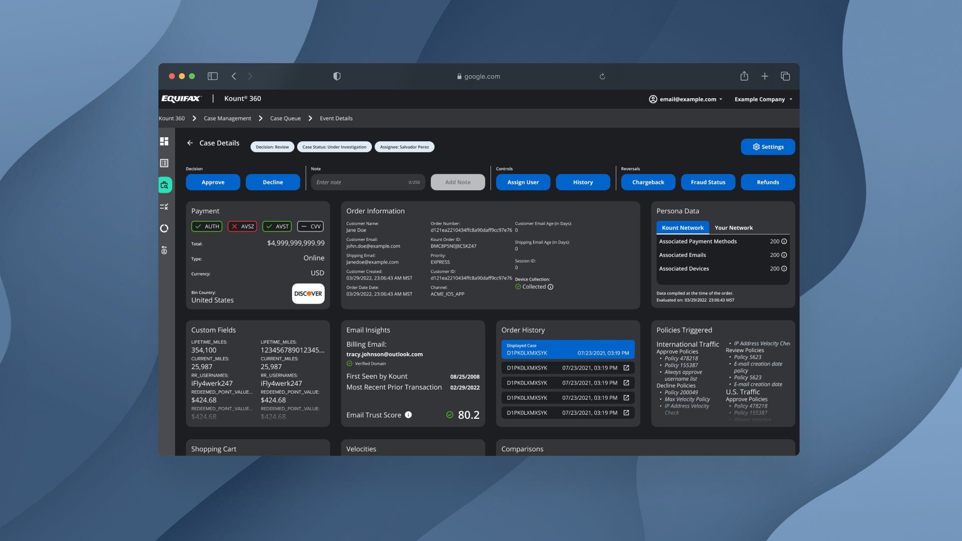 Screenshot of a computer monitor displaying a cybersecurity case management dashboard for Equifax Kount 360, with various data panels and options.