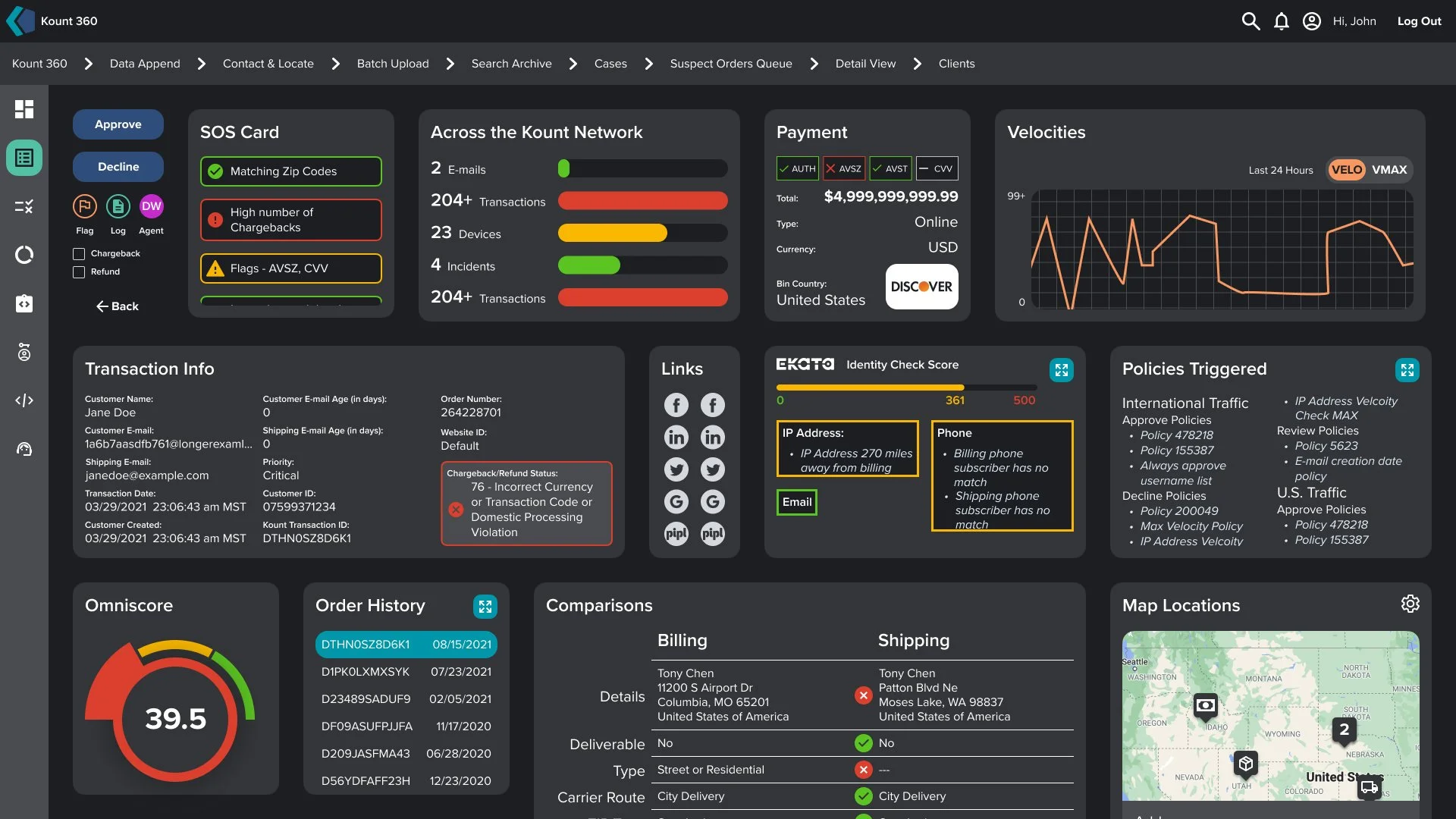 Screenshot of a digital dashboard interface for transaction and security monitoring, showing various data panels including SOS Card, Network Activity, Payment Details, Velocity Graphs, Transaction Info, Links, Identity Check, Policies, Omniscore rating, Order History, Comparisons, and Map Locations.