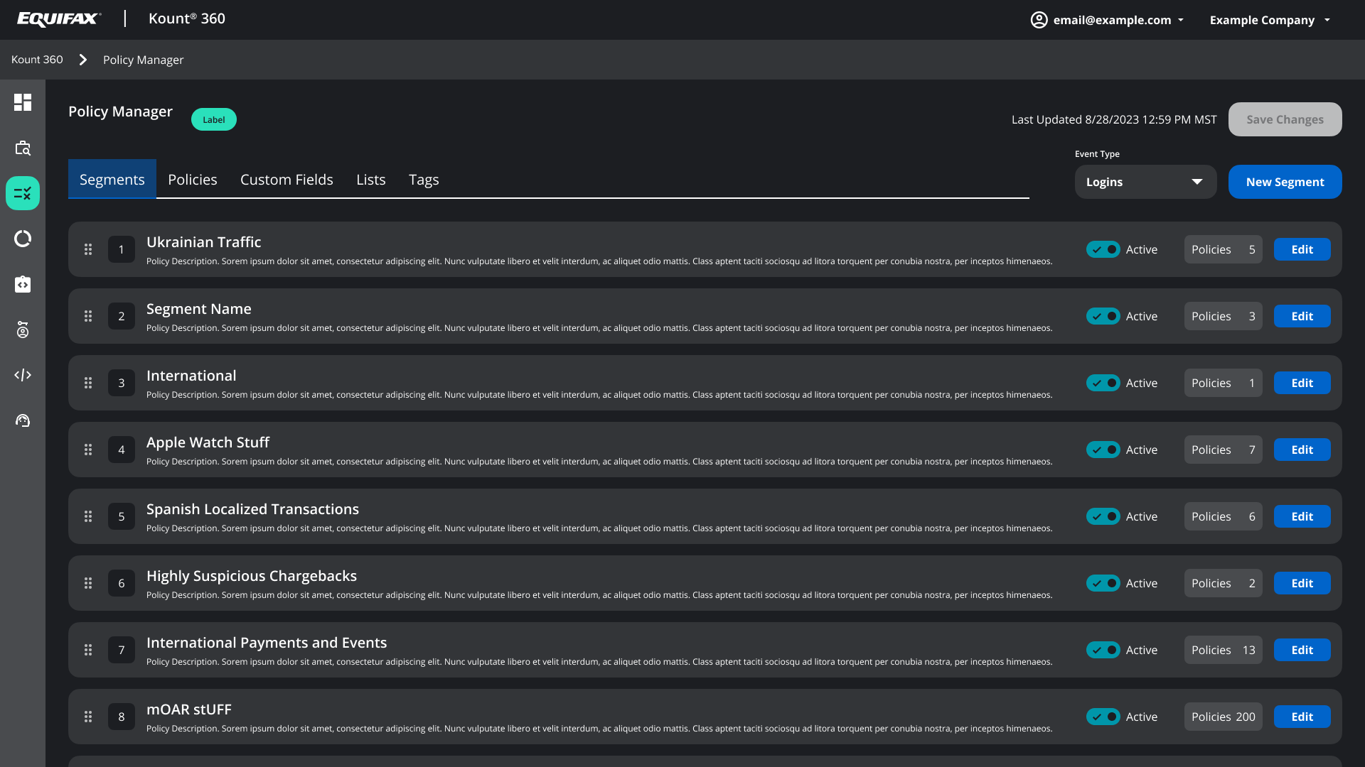 Screenshot of the Equifax Kount 360 policy management dashboard with a list of policy segments, their statuses, and options to edit or toggle active status.
