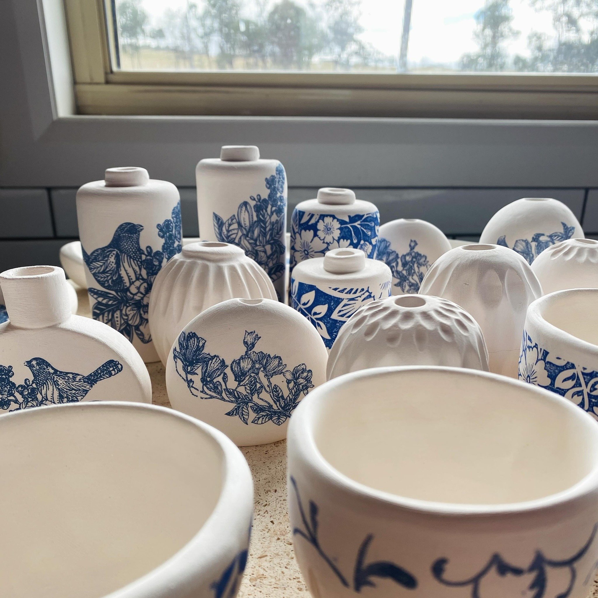 Bisqueware - waiting for glaze day. Transfers by @coastalstudioceramics @japan_crafts 
#madewithkeanes #handbuiltceramics