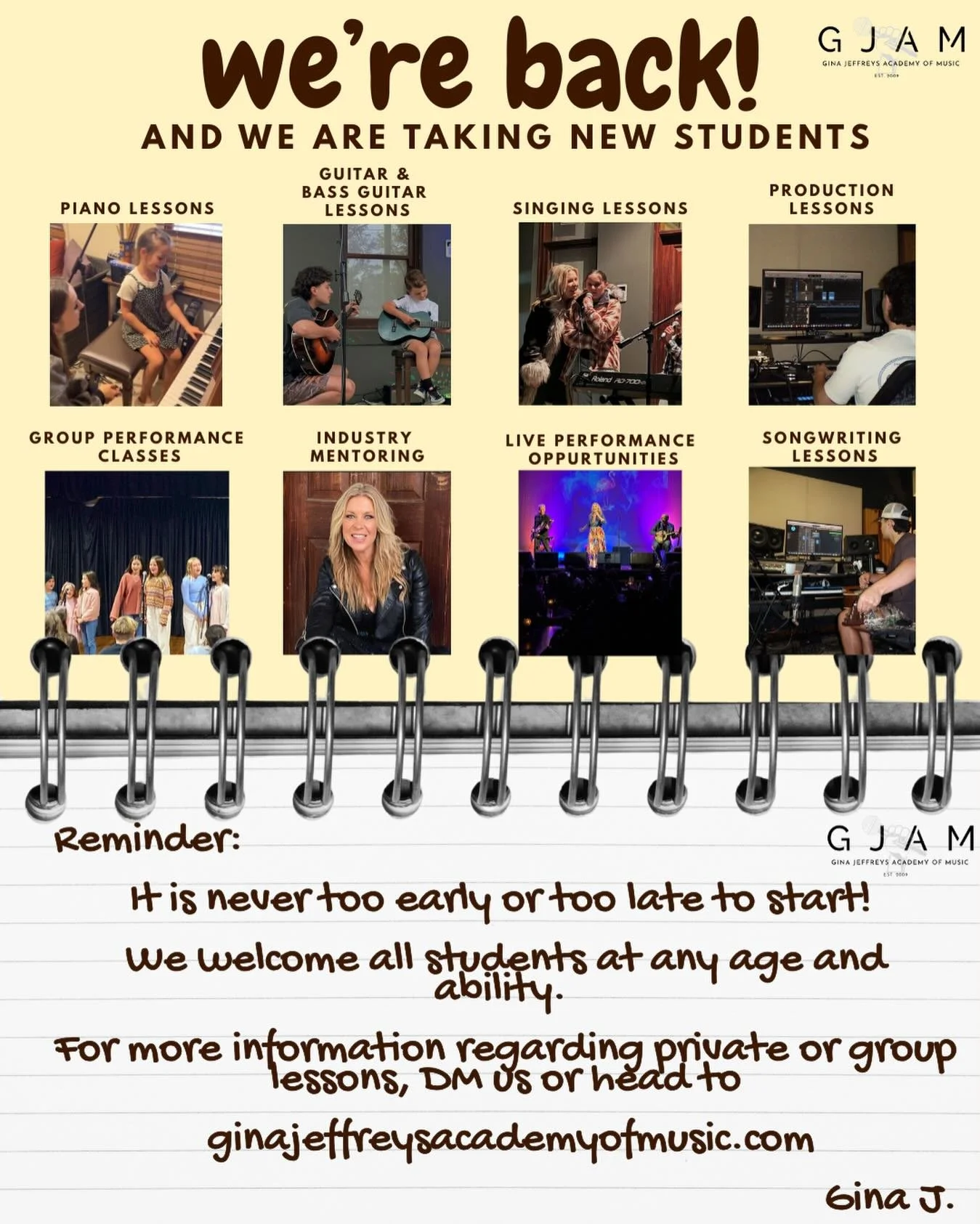 GJAM offers something musical for everyone, no matter your age or ability! We are currently taking new students for 2026!
For more in depth information, send us a message or head to ginajeffreysacademyofmusic.com ⭐️

We provide:

- Private Piano, Gui