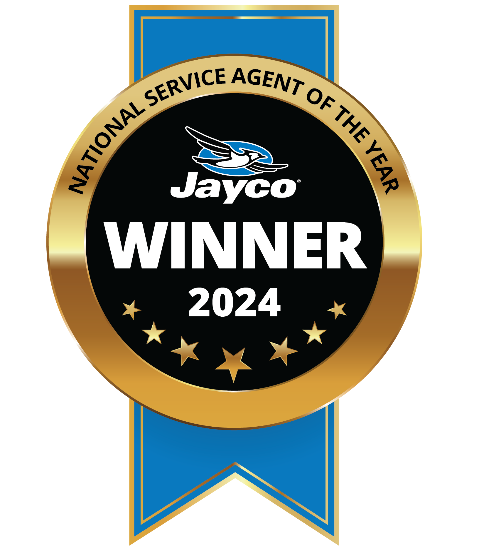 Award badge that says 'Jayco Winner 2024' with gold and black colors, ribbon at the bottom, and text 'National Service Agent of the Year' around the top.