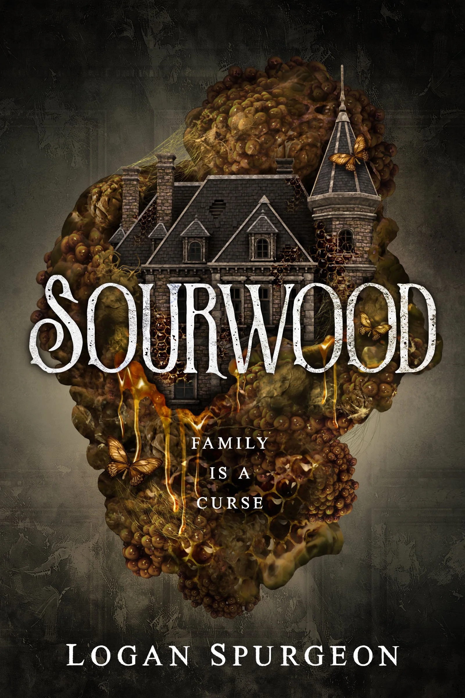 Book cover titled 'Sourwood' by Logan Spurgeon with a dark, eerie illustration of a haunted house embedded in a poisonous-looking body or mass with mold, fungi, and butterflies.