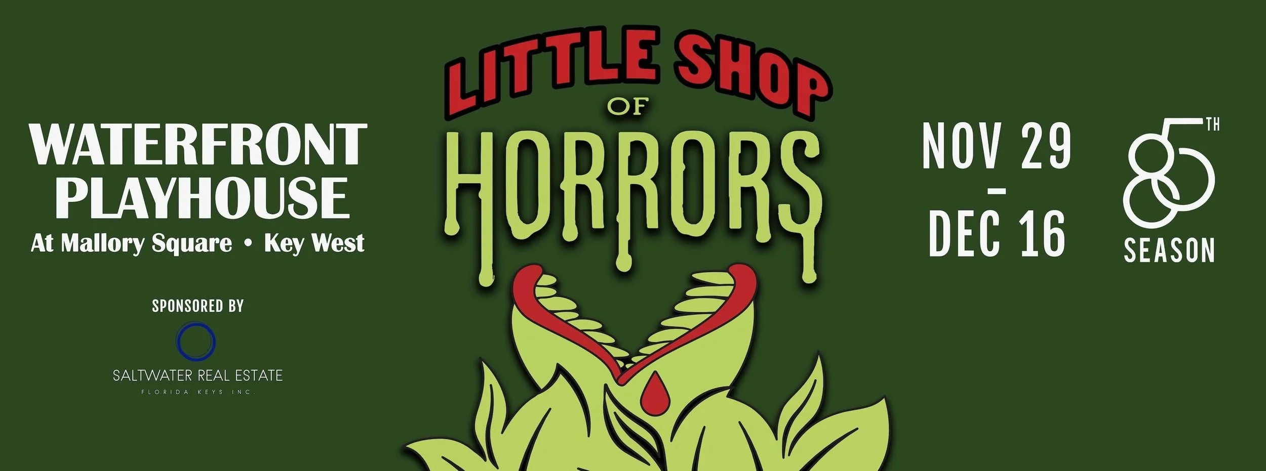Event poster for Little Shop of Horrors at Waterfront Playhouse, November 29 to December 16, sponsored by Saltwater Real Estate.