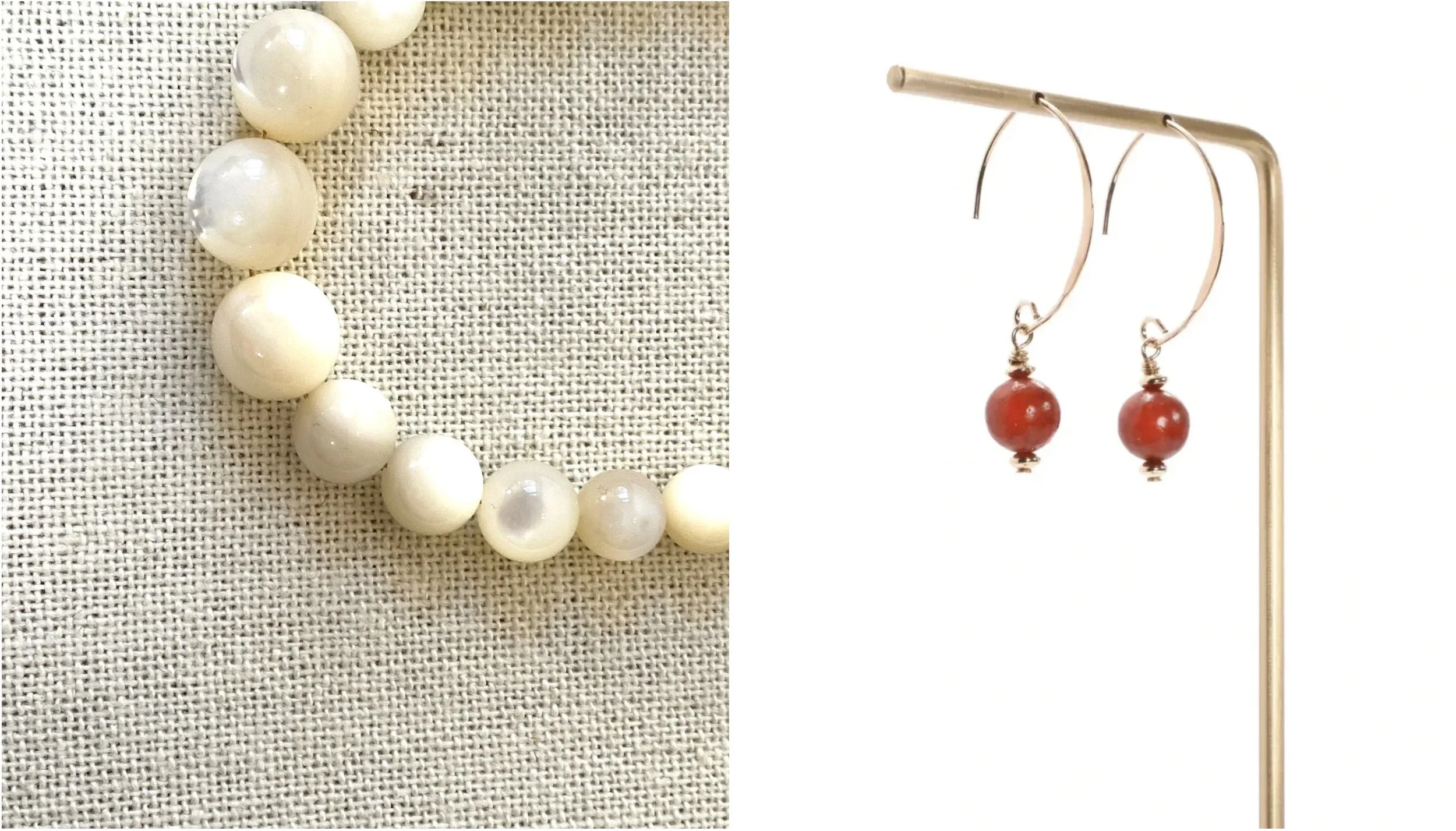 Side-by-side image of jewelry. The left side shows a close-up of a string of large, cream-colored, shiny beads on a textured fabric background. The right side displays a pair of earrings with orange beads hanging from thin, curved metal hooks, mounted on a stand.