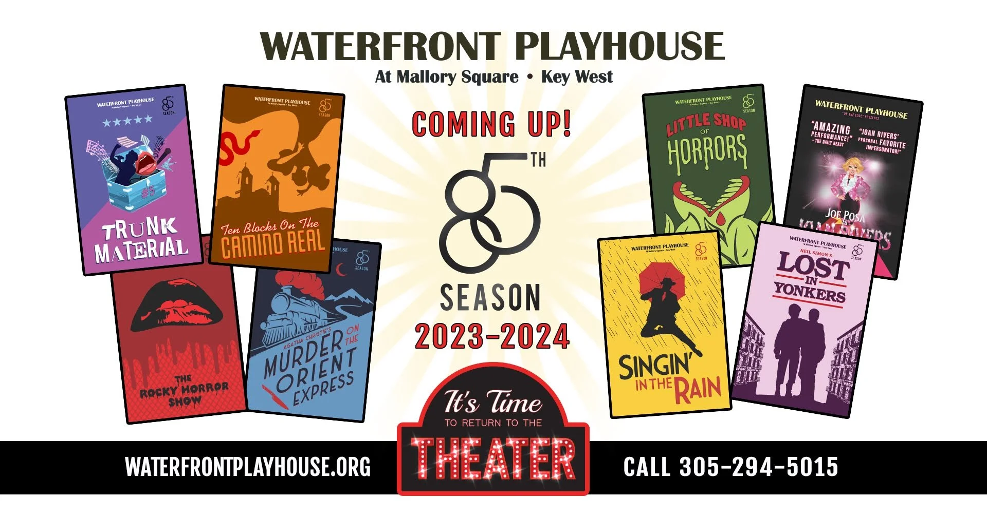 Poster promoting Waterfront Playhouse theater season 2023-2024 with colorful playbill covers for various shows, including Trunk Material, Camino Real, Rocky Horror Show, Murder on the Orient Express, Singin' in the Rain, Little Shop of Horrors, Joan 