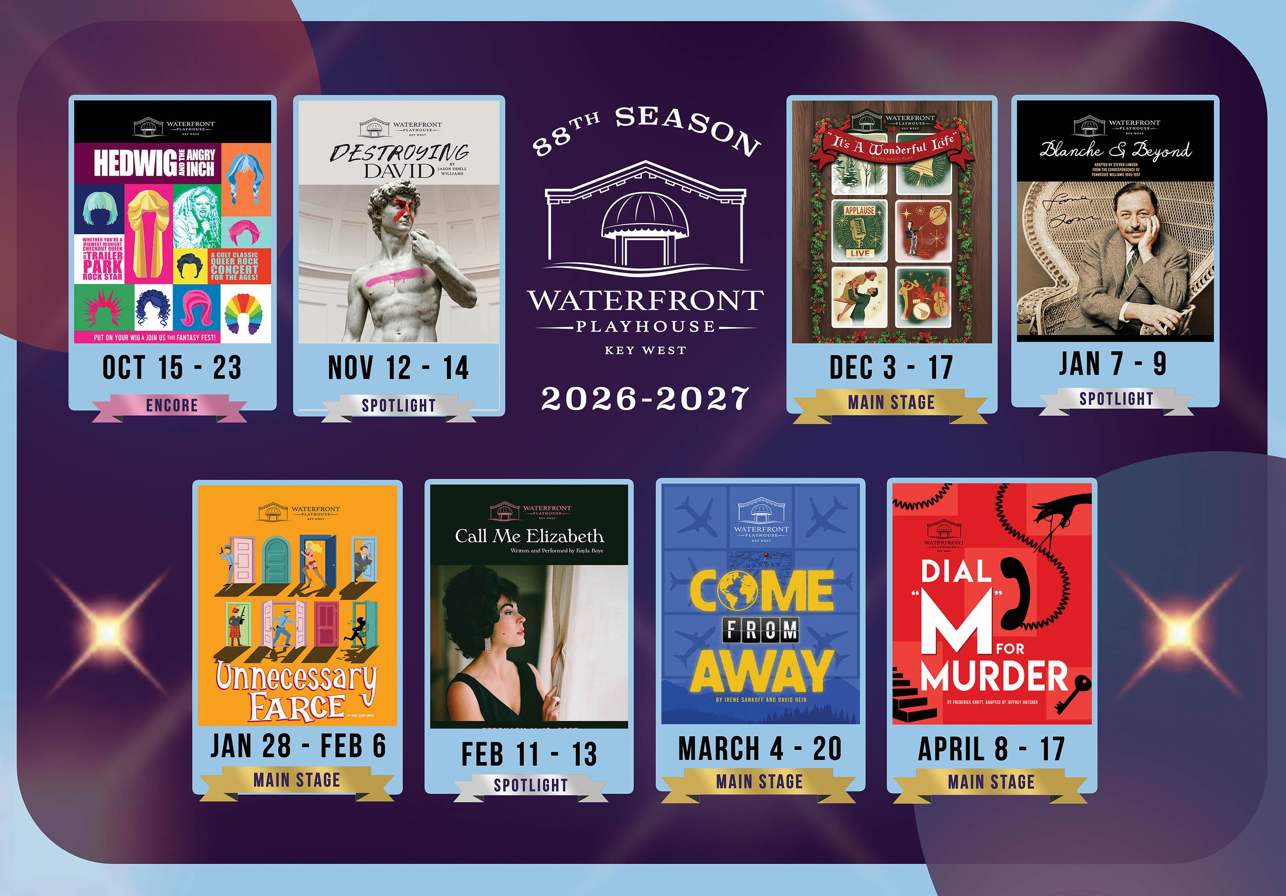Poster for the 88th season of Waterfront Playhouse in Key West, 2026-2027, featuring multiple theatrical productions scheduled from October 2026 to April 2027 with dates, titles, and stage locations.