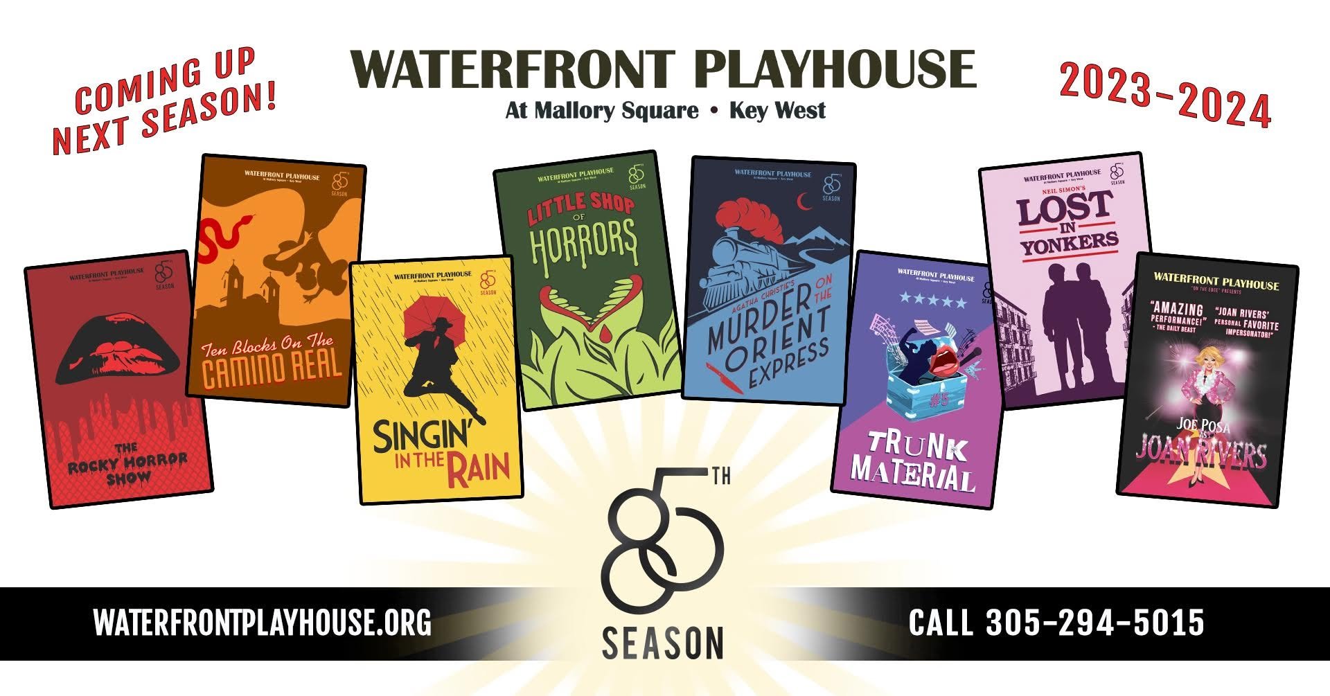 Poster for Waterfront Playhouse's 2023-2024 season featuring animated play posters, including 'The Rocky Horror Show,' 'Ten Blocks on the Camino Real,' 'Singin' in the Rain,' 'Little Shop of Horrors,' 'Murder on the Orient Express,' 'Trunk Material,'