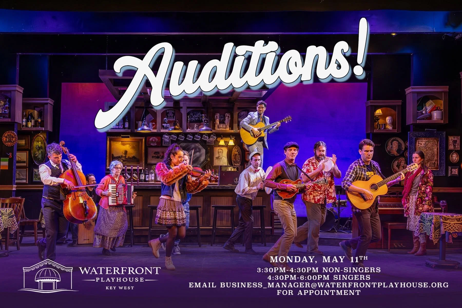 A stage with a band performing, including musicians playing guitar, violin, accordion, and drums, with a large sign saying 'Auditions!' overhead, and event details at the bottom for a Waterfront Playhouse event on Monday, May 11th, with times for non