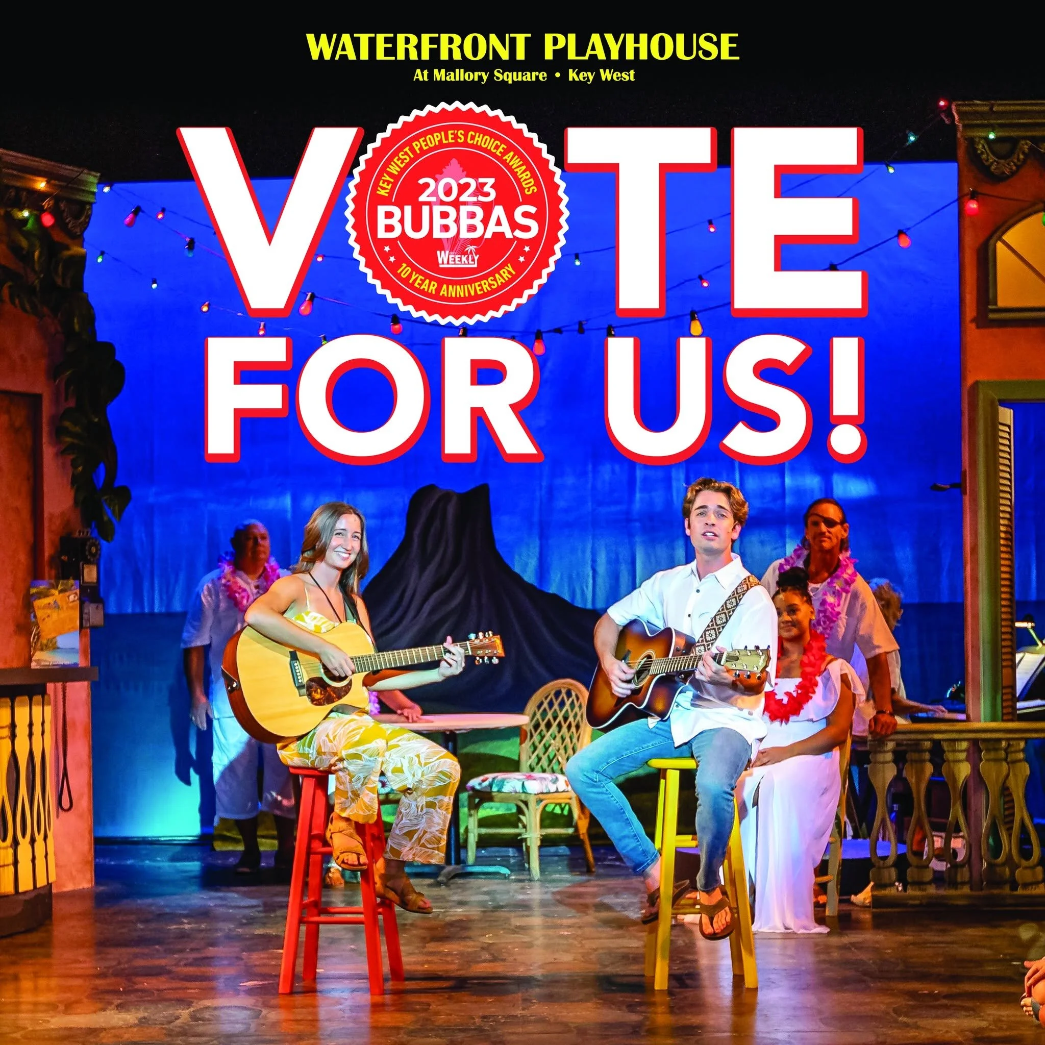 People performing at a waterfront playhouse with colorful seating and string lights, promoting an event for local artists and musicians.
