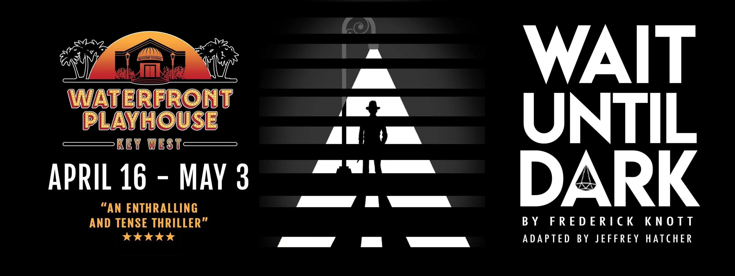 Poster for Waterfont Playhouse Key West event from April 16 to May 3 featuring the play 'Wait Until Dark' by Frederick Knott, adapted by Jeffrey Hatcher, with a tagline 'An enthralling and tense thriller', showing stylized graphics of a person behind