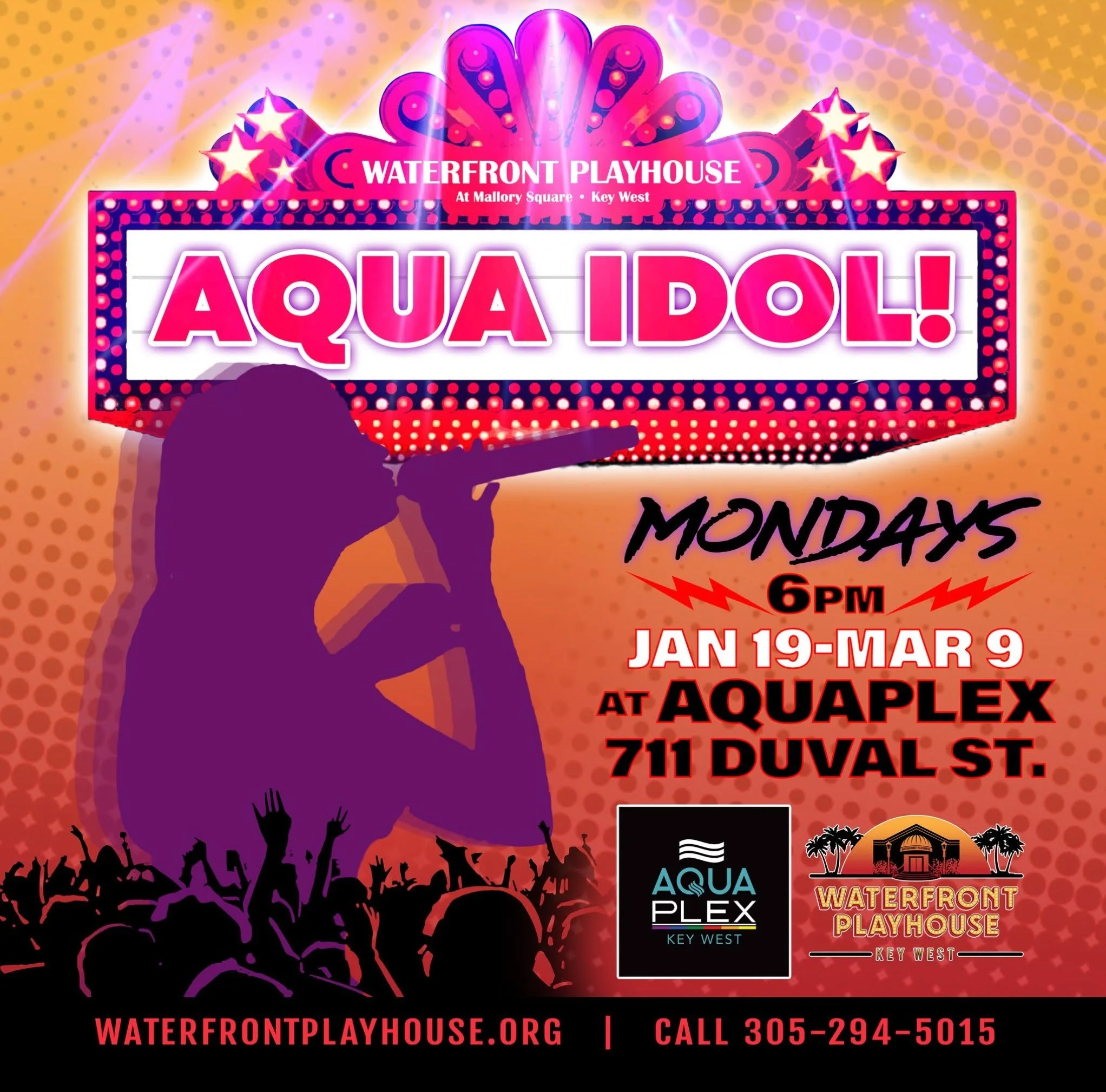A vibrant, neon-colored poster for the Waterfront Playhouse at Mallory Square in Key West, promoting an event called Aqua Idol happening from January 19 to March 9 at Aquaplex. The poster features silhouettes of excited crowds and a performer holding