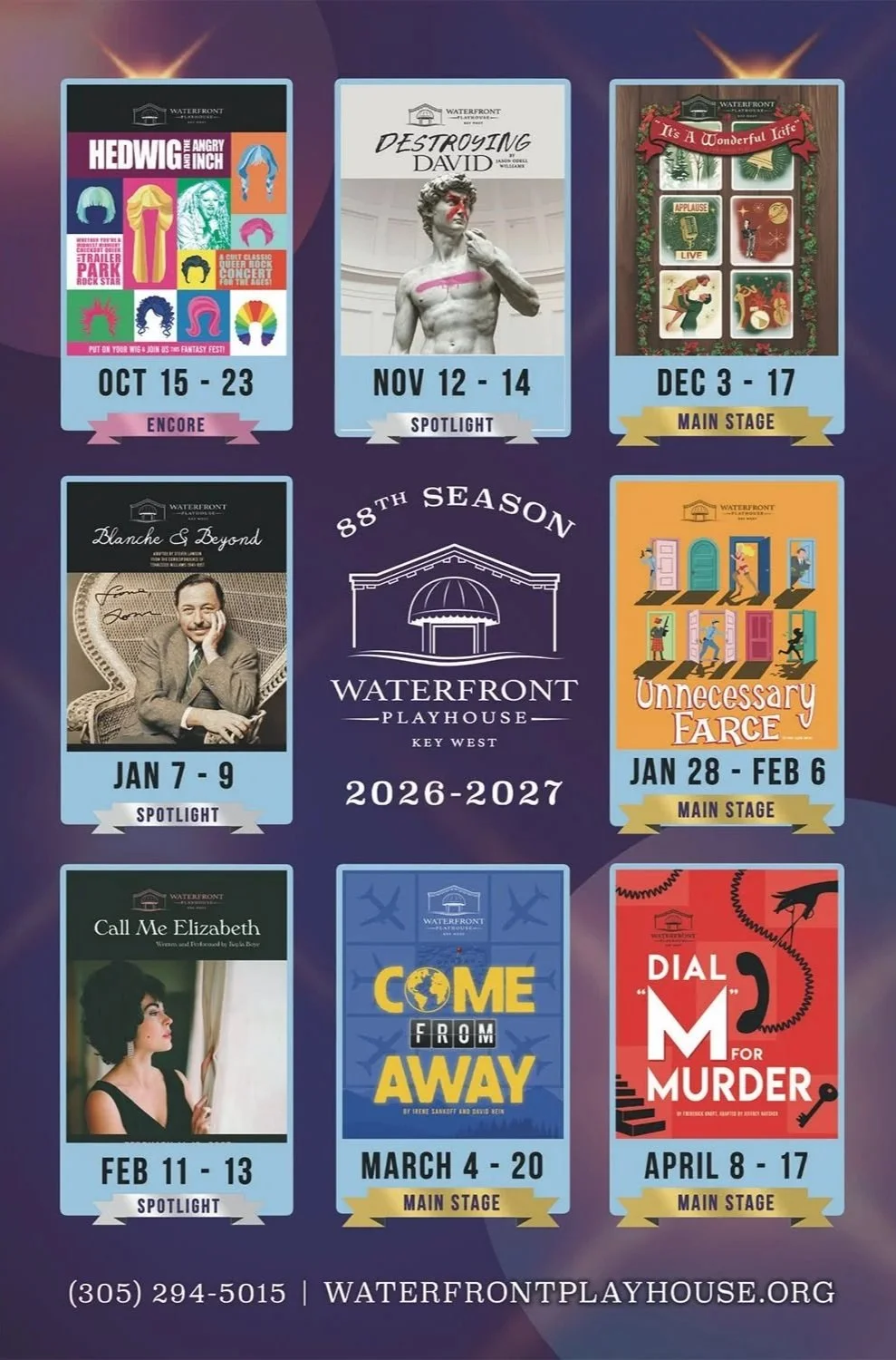 Poster featuring schedule of theater performances at Waterfront Playhouse, Key West, for 2026-2027 season, including shows such as Hedwig, Destroying David, It's a Wonderful Life, Blanche & Beyond, Call Me Elizabeth, Come from Away, and Dial M for Murder, with dates and stage locations.