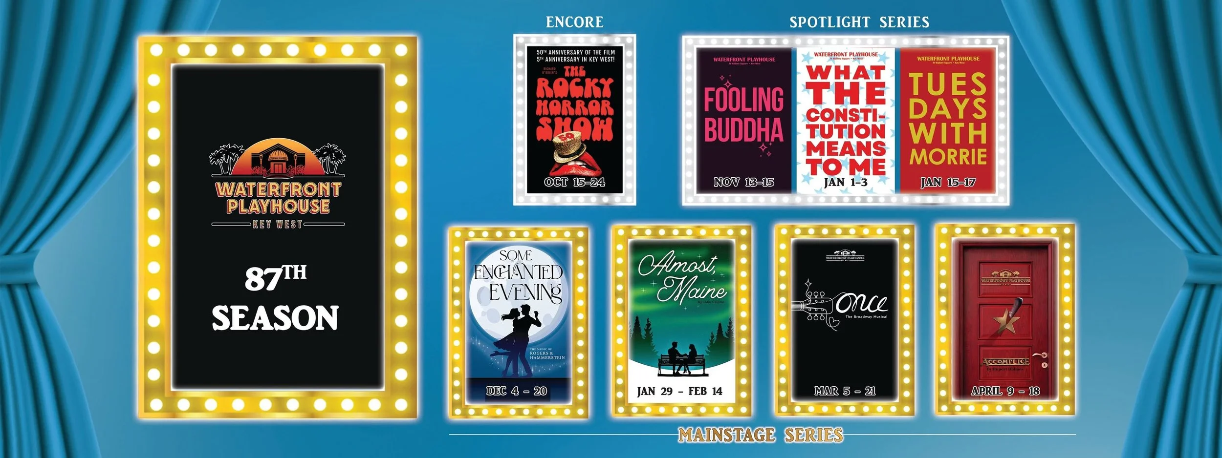 Poster advertising the 87th season of Waterfront Playhouse in Key West with various theater productions and dates.