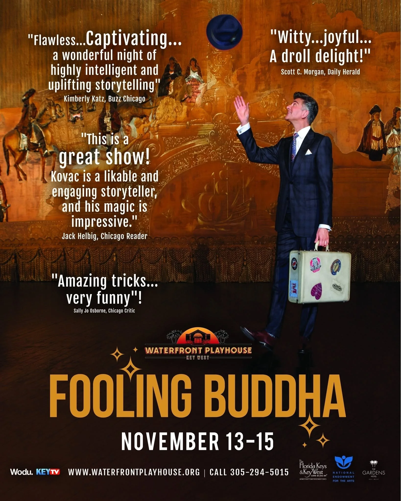 Poster for the Fooling Buddha event at Waterfront Playhouse in Key West, November 13-15. Background features a golden, ornate scene with a man in a suit holding a vintage suitcase, smiling, with a blue ball in the air. Quotes praising a show and storyteller are displayed.