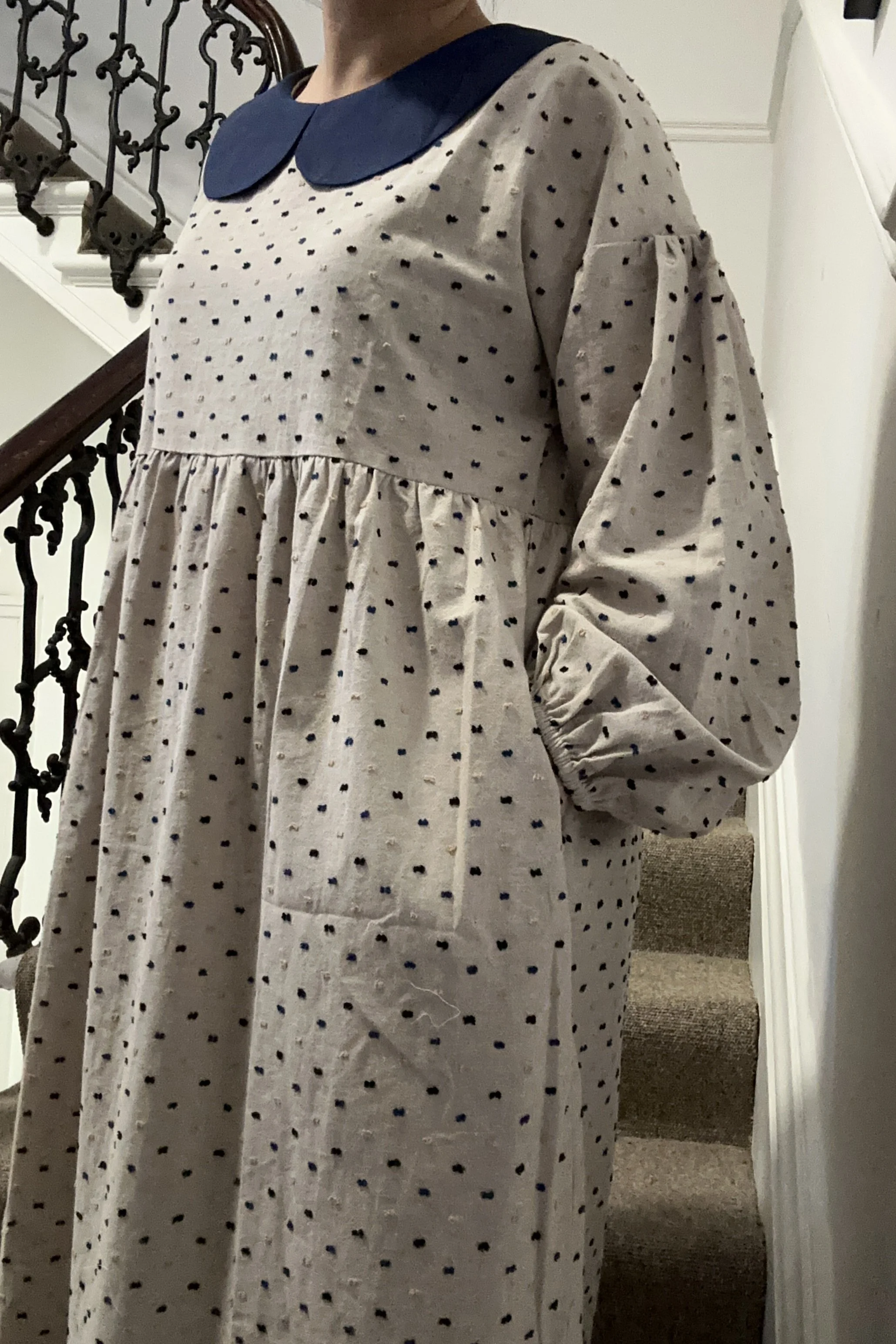 close up woman wearing Peter Pan Collar Maxi Dress  Speckled Neutral