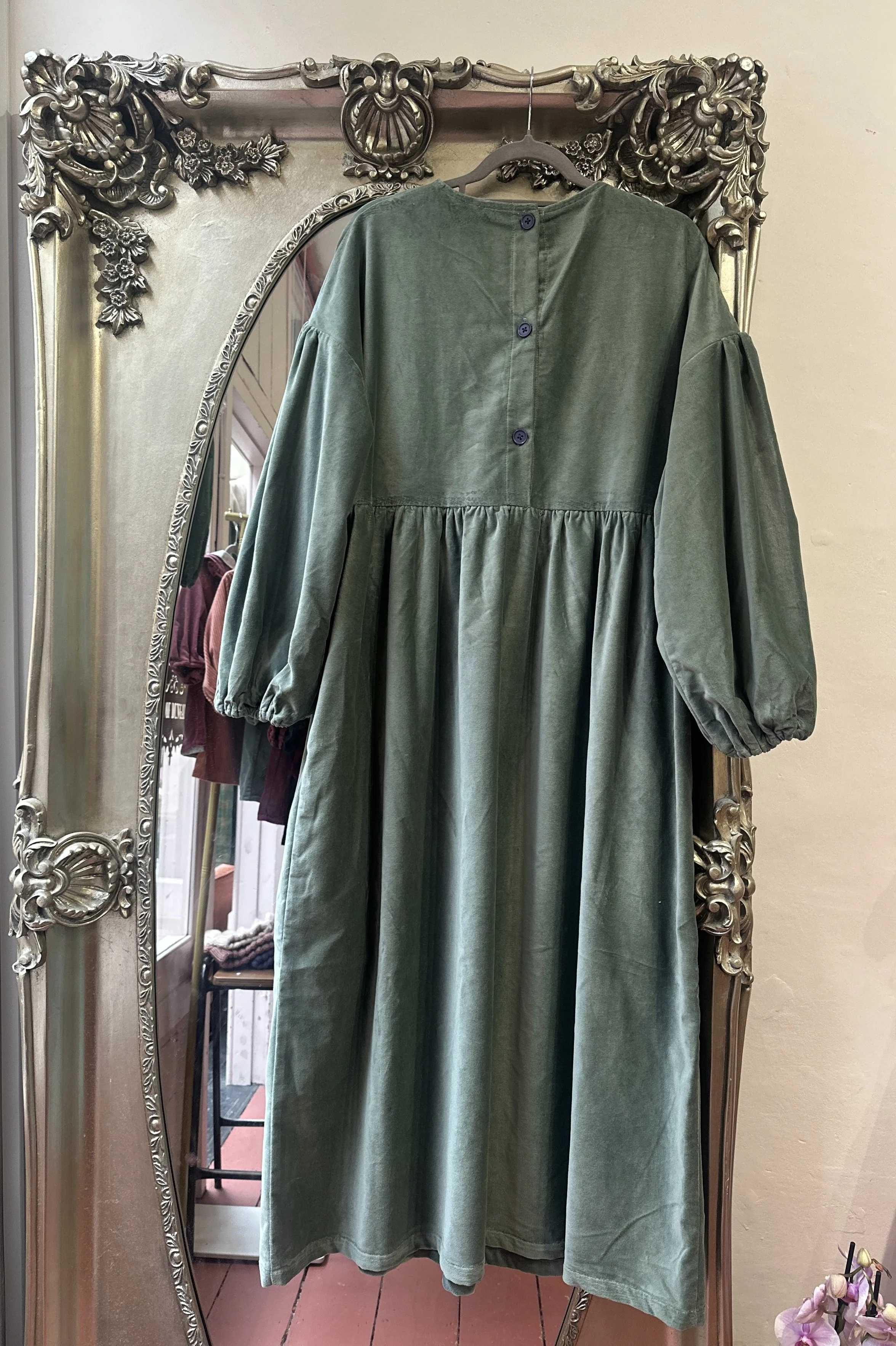 back of hanging Adult Duck Egg Green-Grey Velvet Maxi Dress