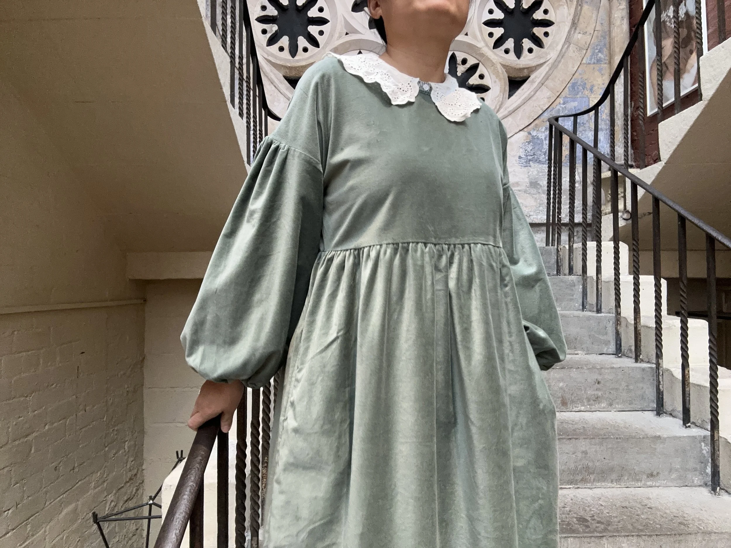 Adult wearing Duck Egg Green-Grey Velvet Maxi Dress