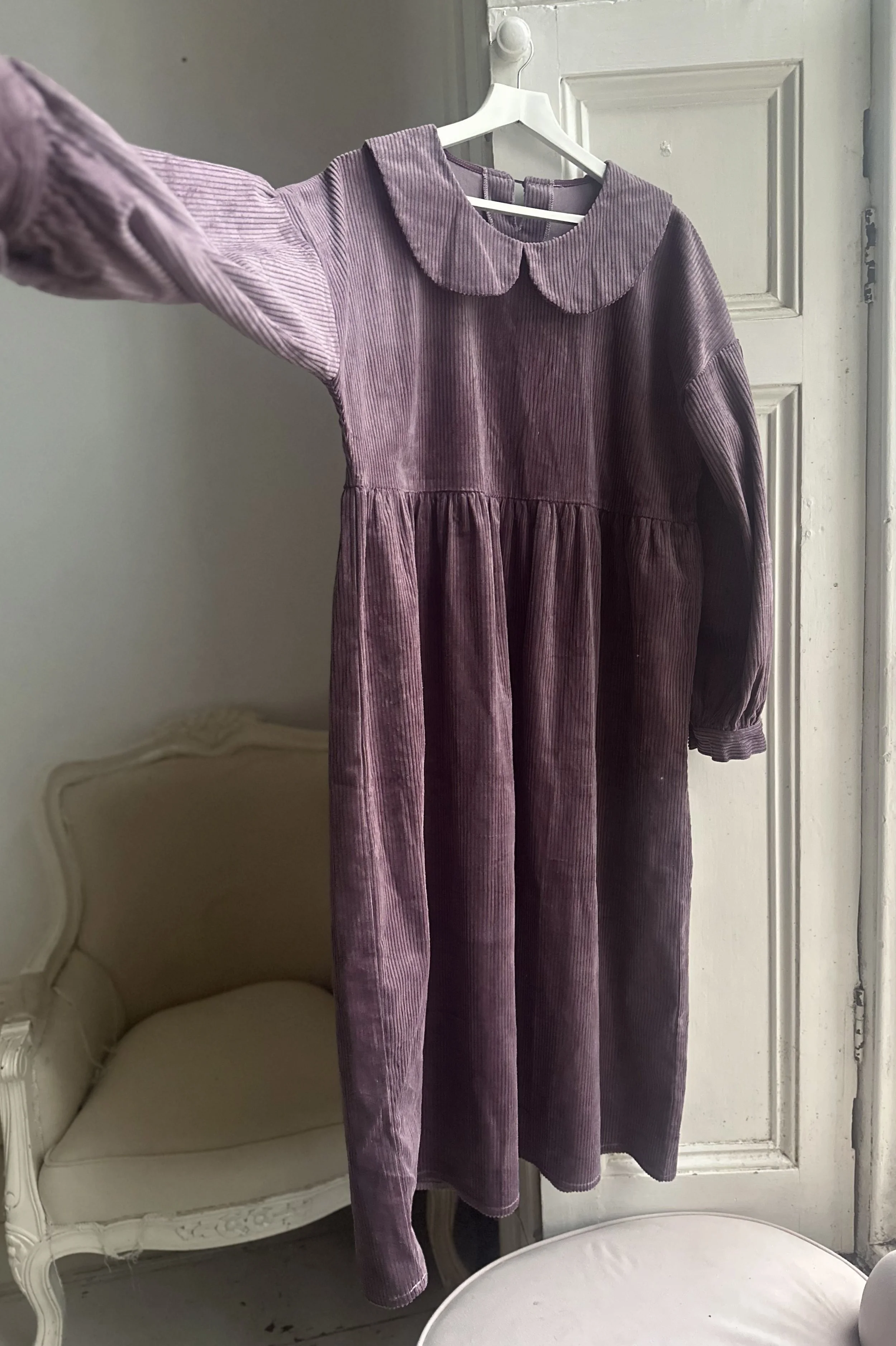 hanging organic cotton corduroy long dress Peter Pan collar soft purple