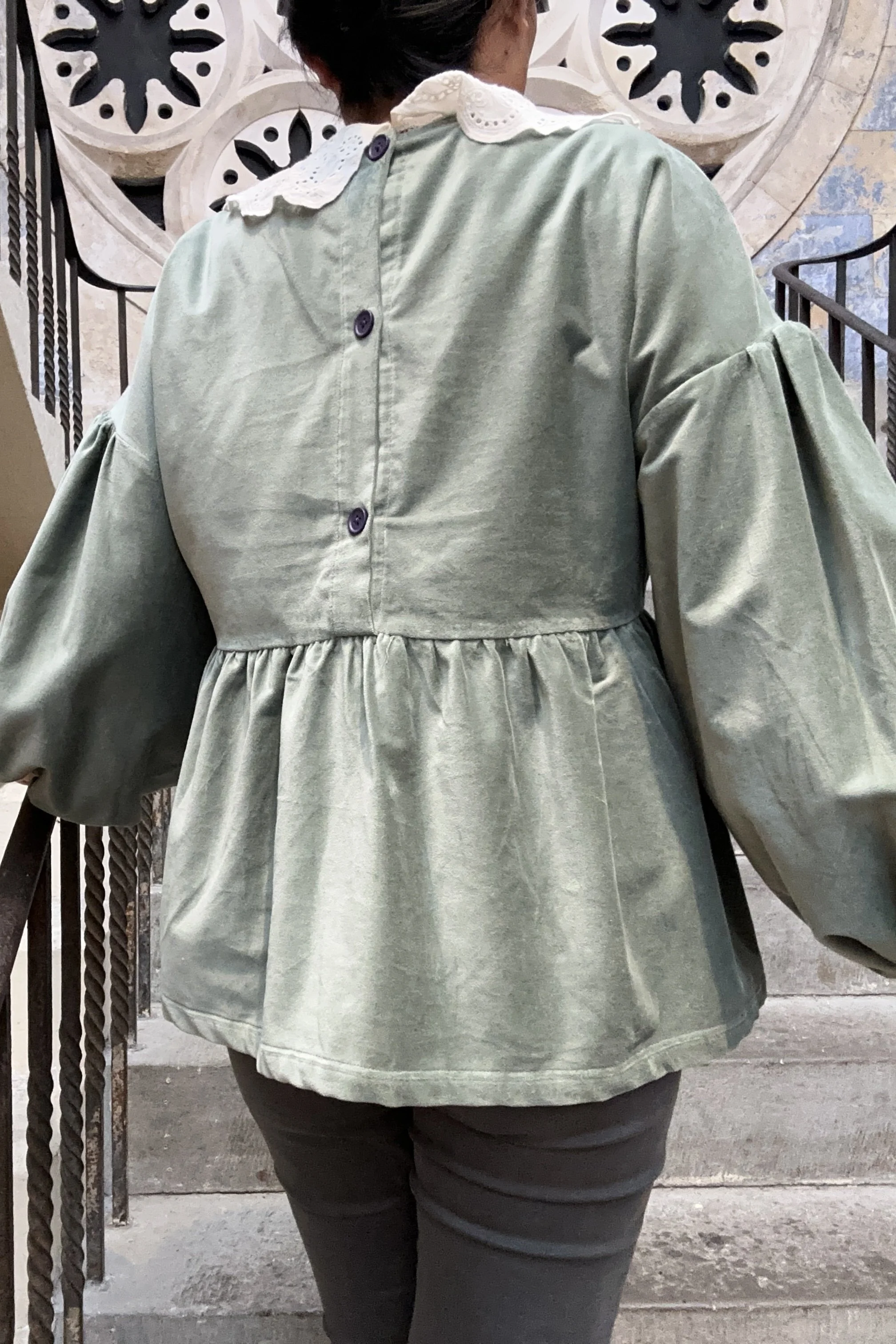 back view of Adult wearing duck egg green-grey velvet Top, Featuring a relaxed fit, balloon sleeves