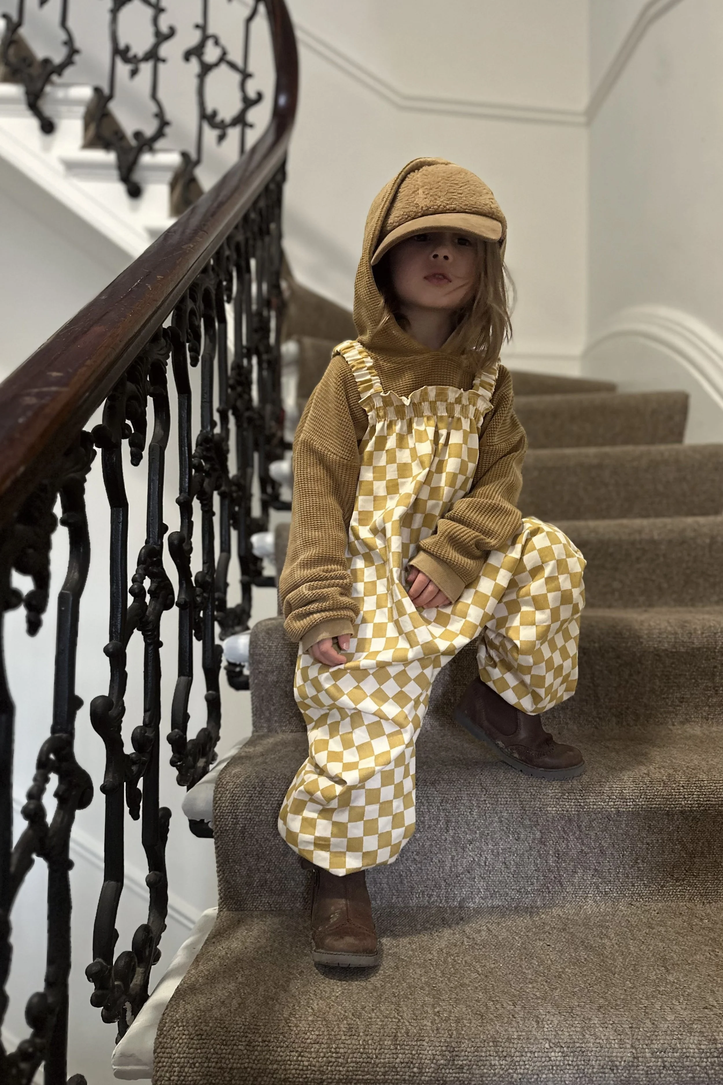 Kids organic cotton pullover dungarees checkerboard mustard 
