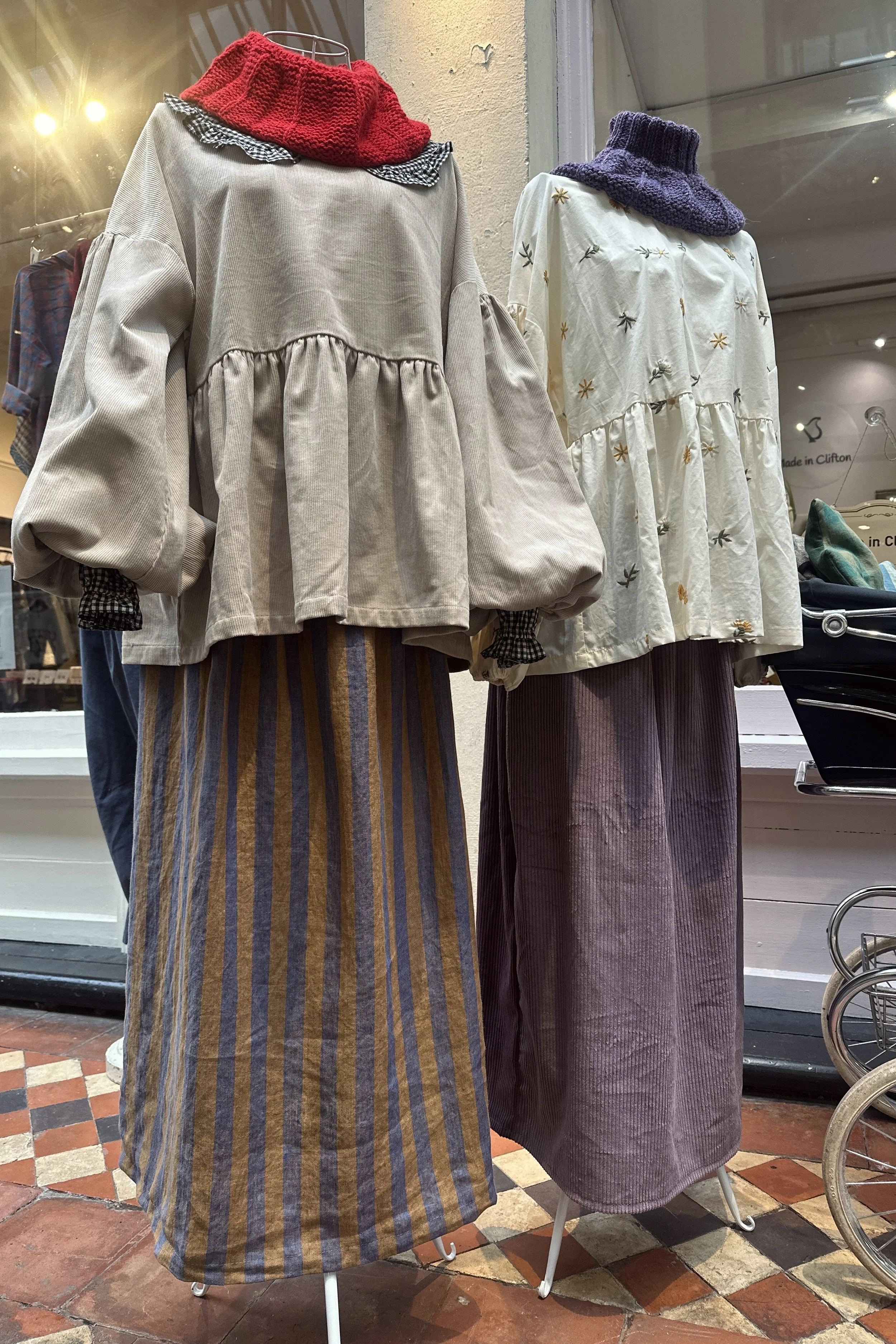 Adult Linen Maxi Skirt– Blue & Ochre Stripe on mannequin, styled with latte corduroy top and neckwarmer