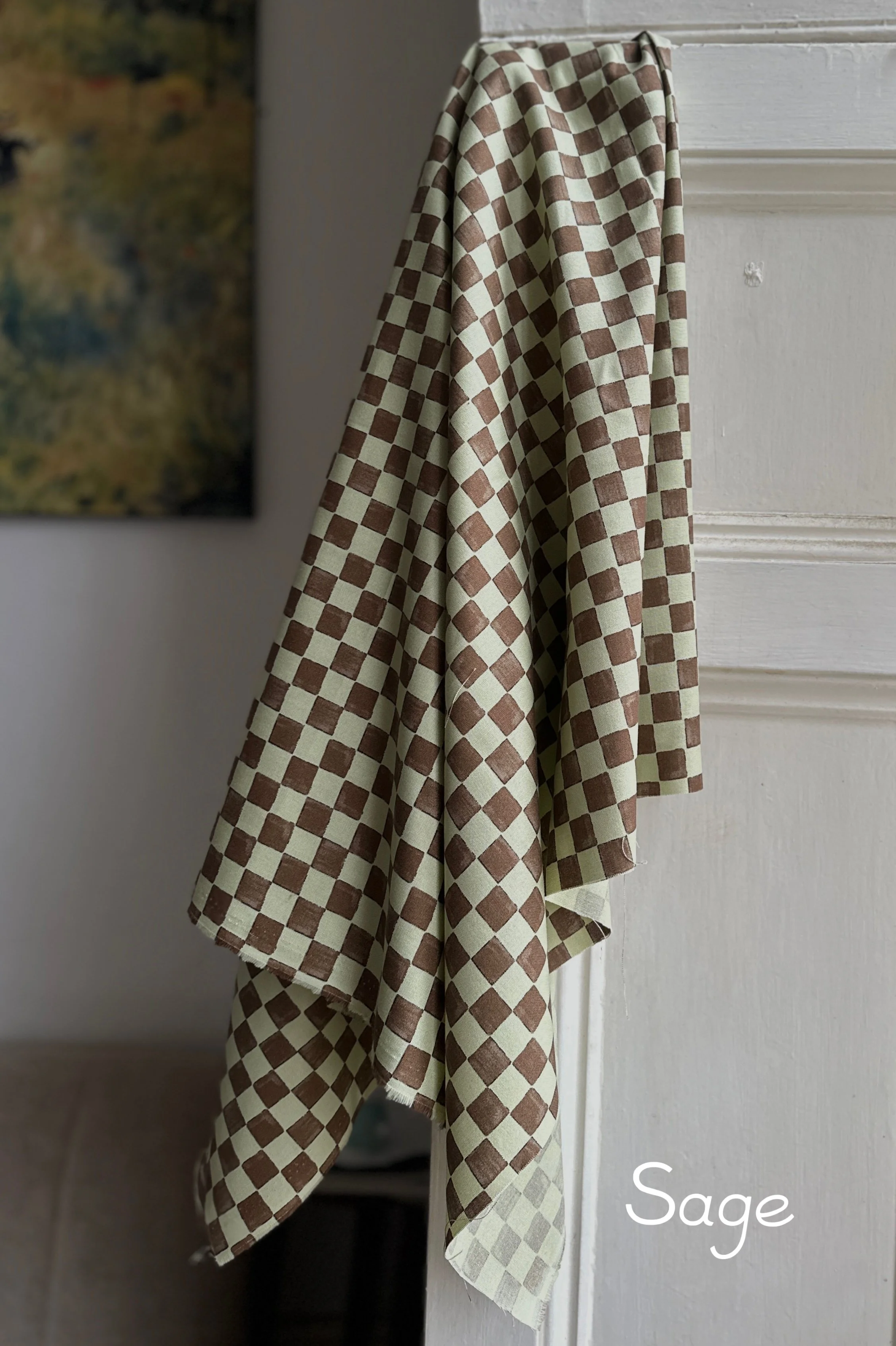 hanging fabric of organic cotton checkerboard sage and brown