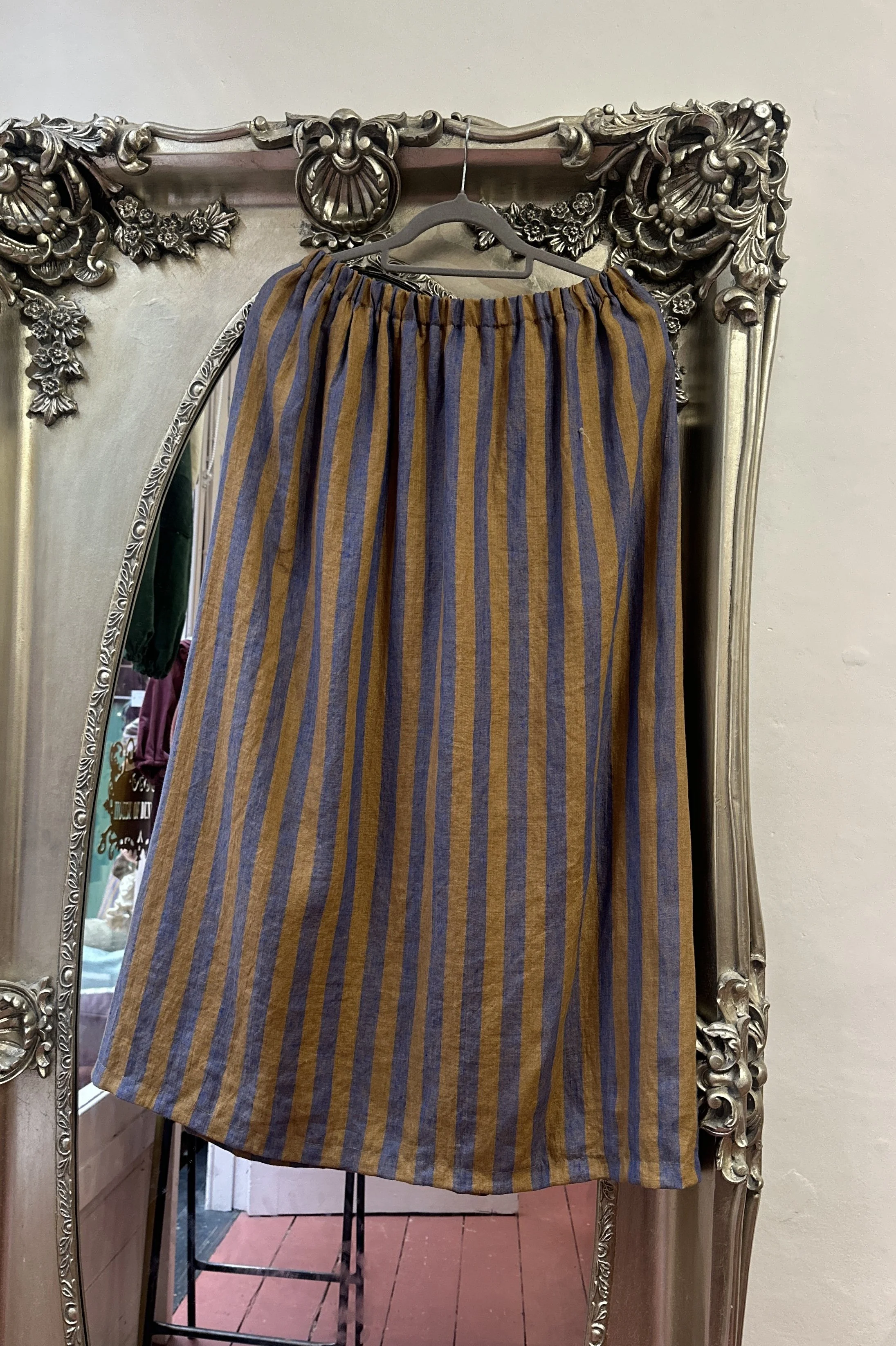 hanging Adult Linen Maxi Skirt– Blue & Ochre Stripe