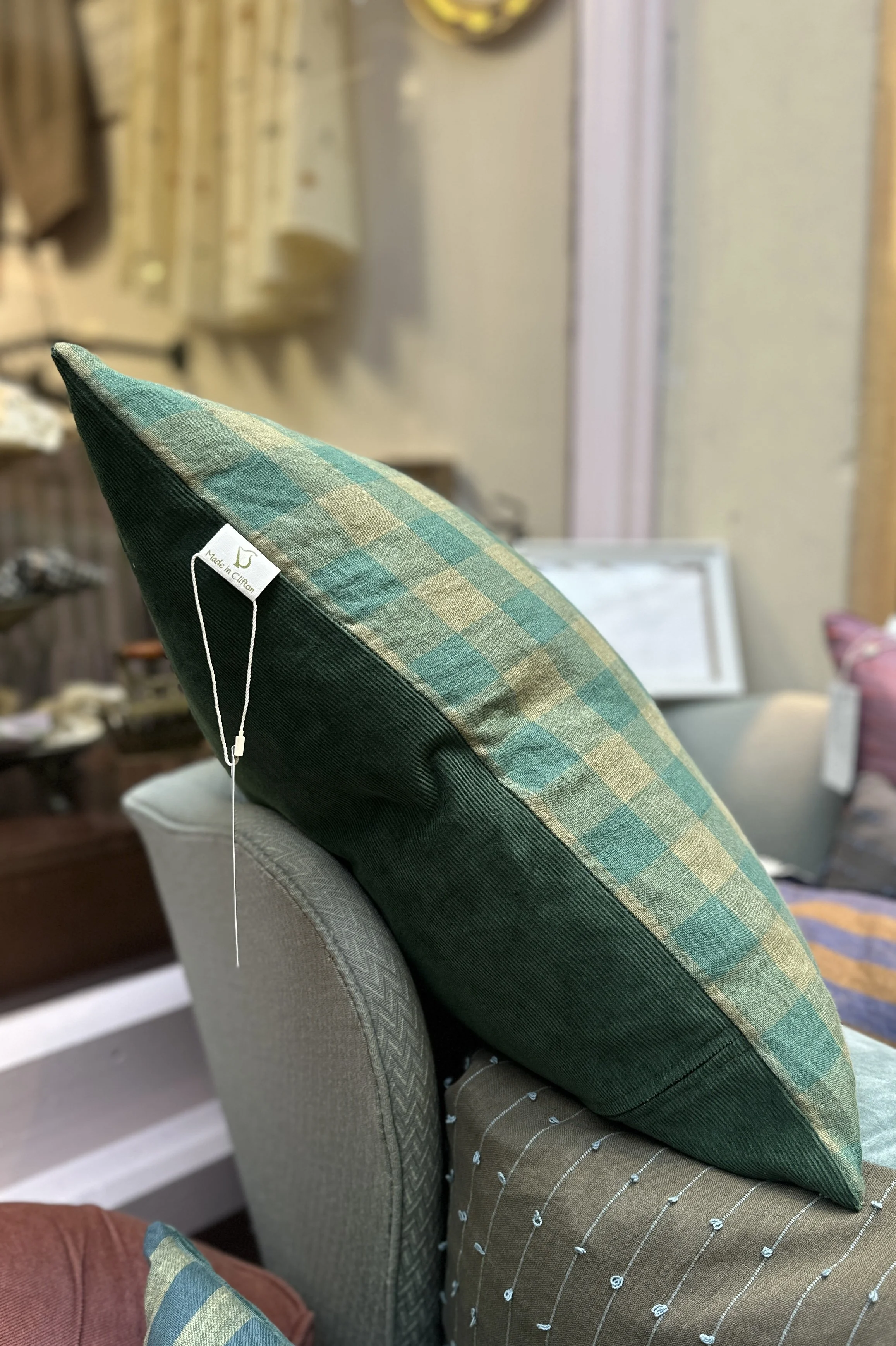 Green Gingham Linen & Corduroy Duck Feather Cushion