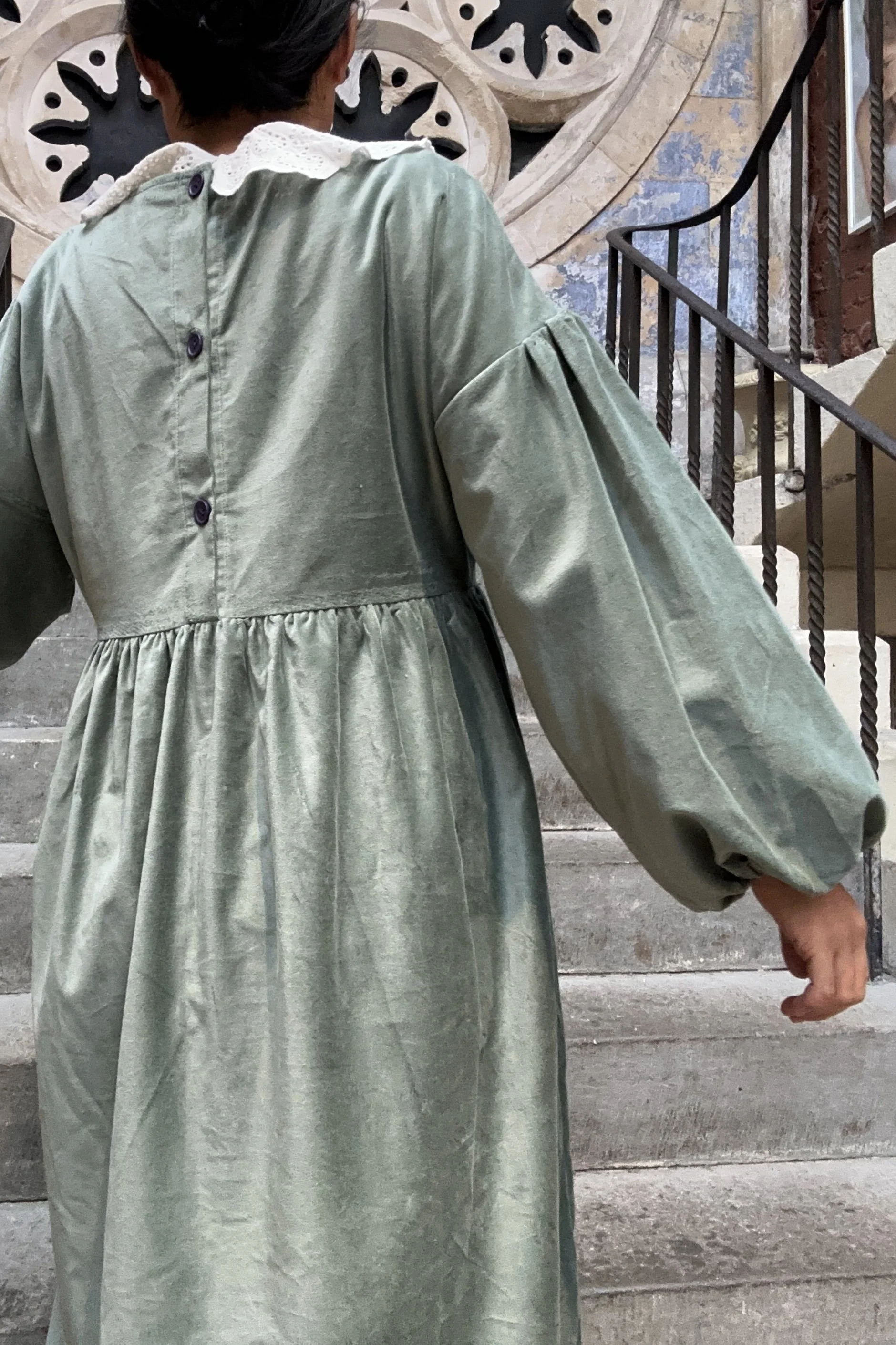 back view of Adult wearing Duck Egg Green-Grey Velvet Maxi Dress