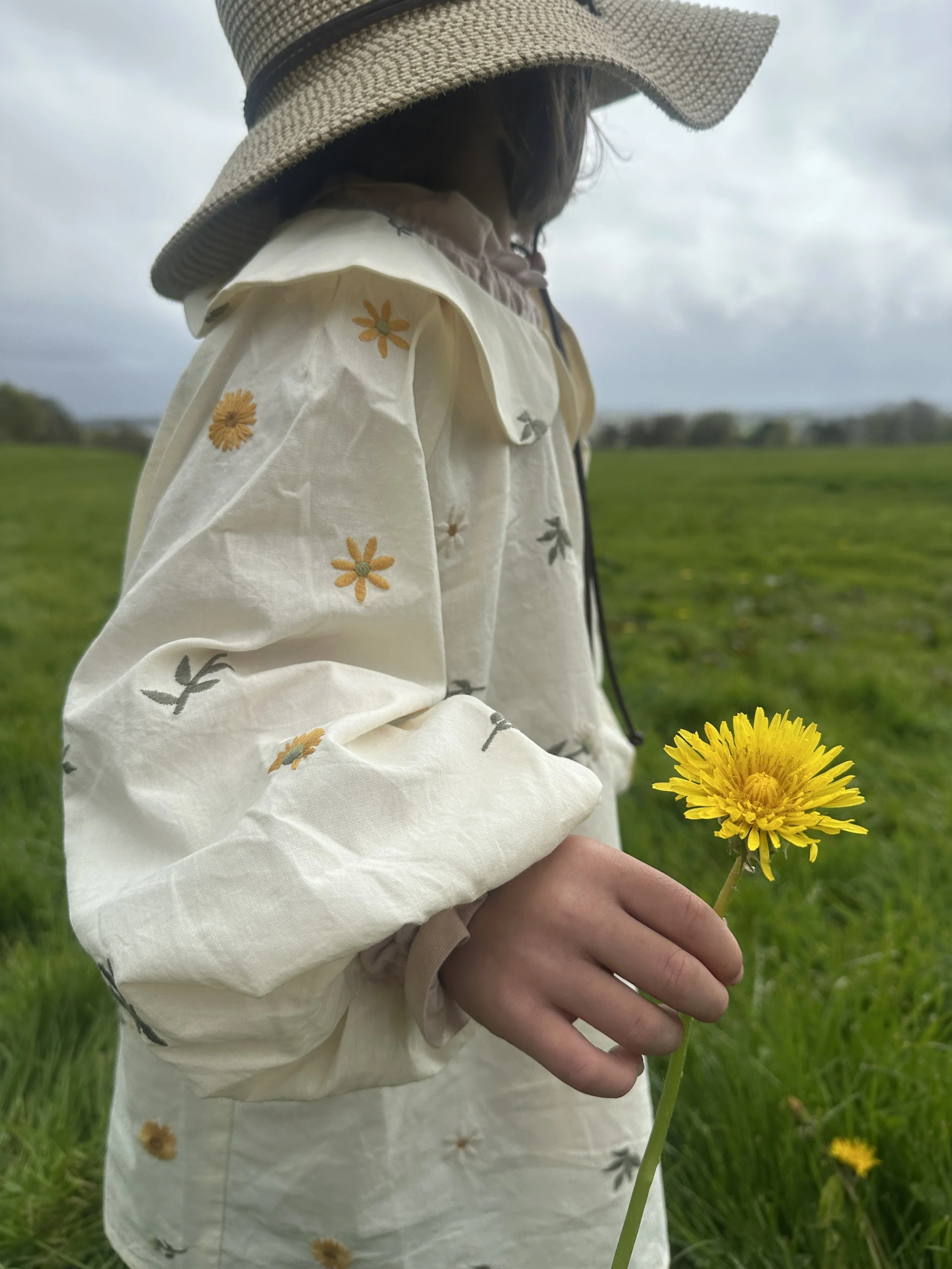 child wearing embroidered dandelion Peter Pan collar dress holding a dandelion on the grass close up details of flowers on the dress