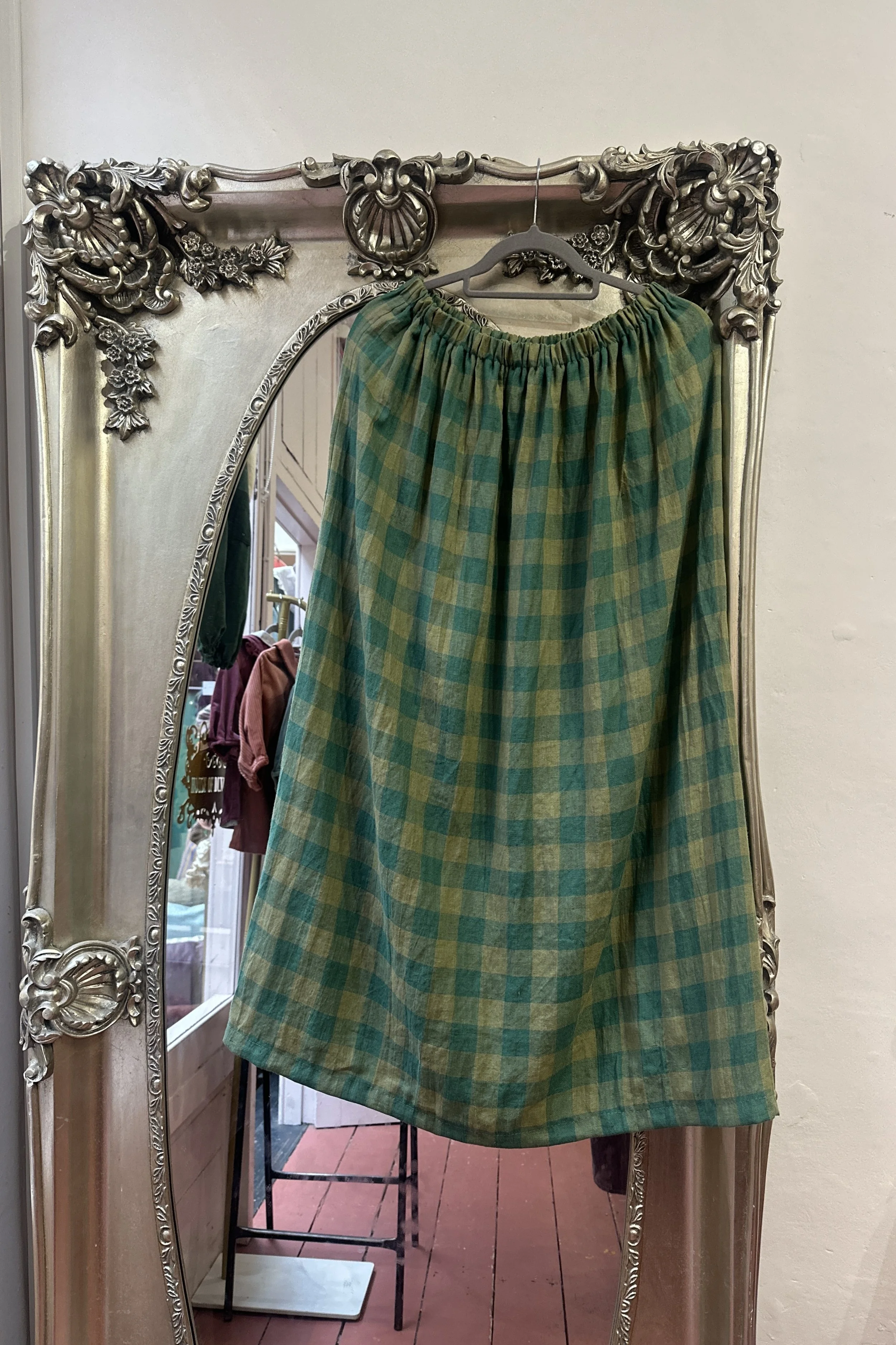 hanging Adult Linen Maxi Skirt– Green Gingham