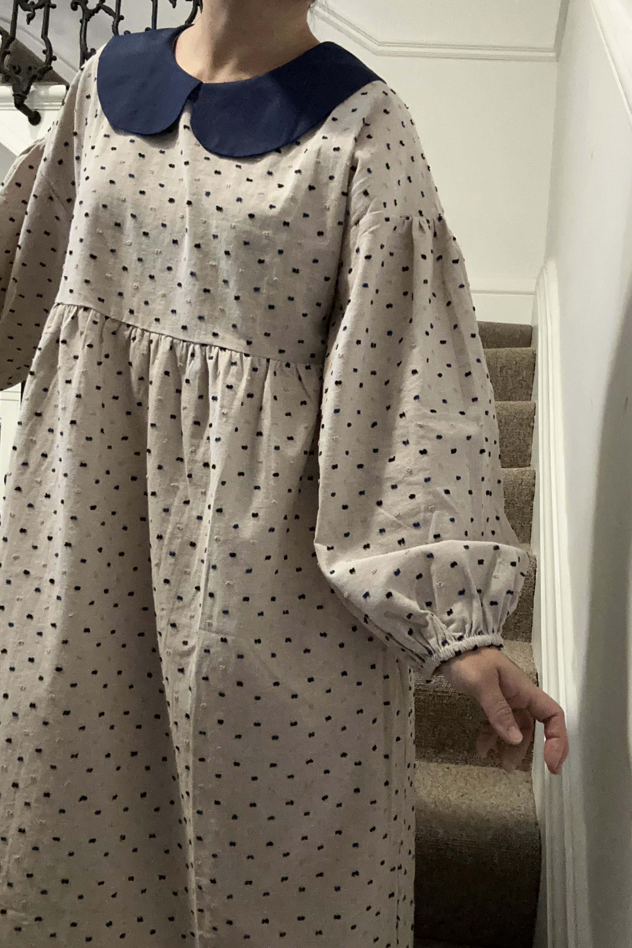 close up woman wearing Peter Pan Collar Maxi Dress  Speckled Neutral