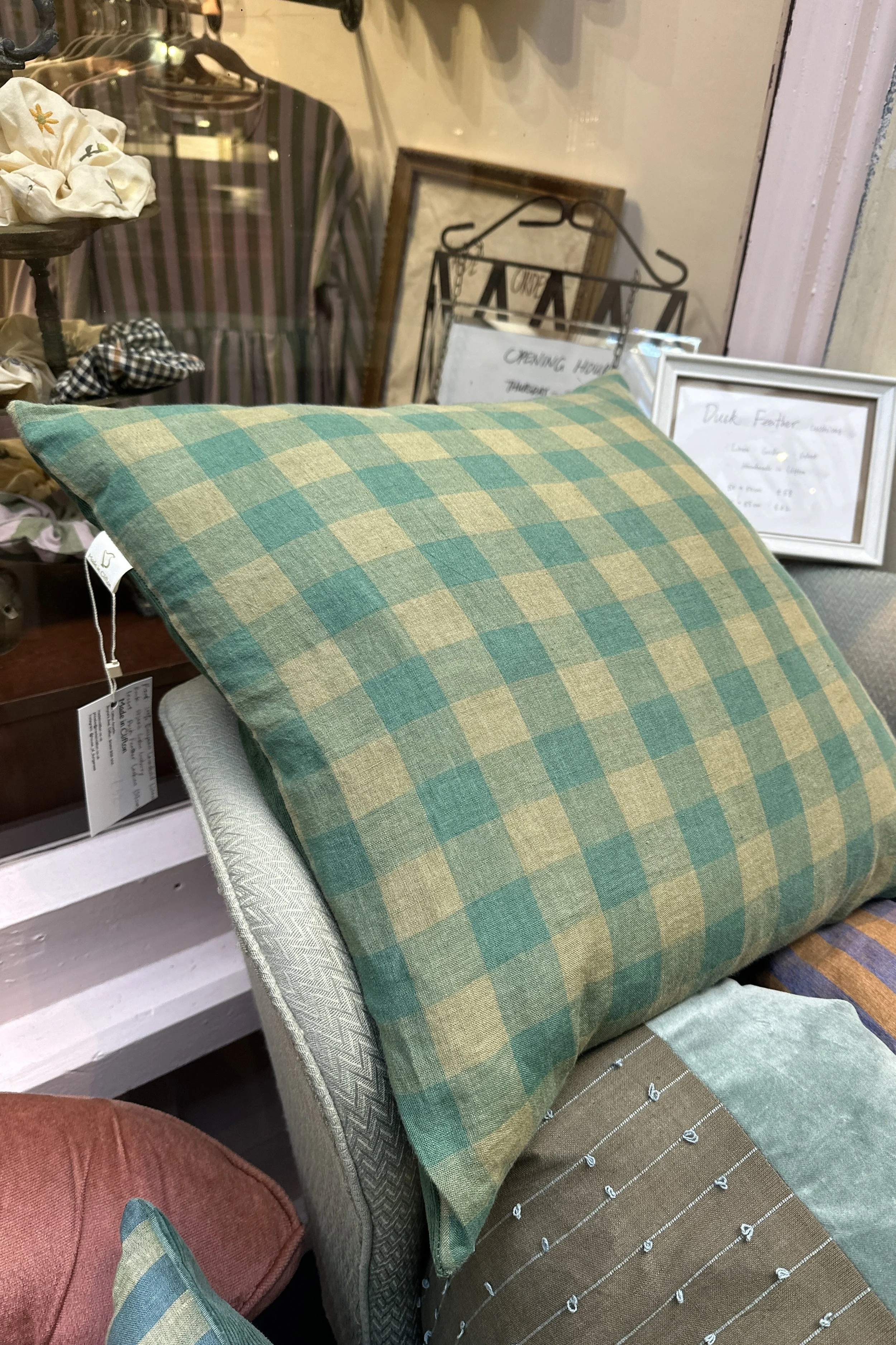 Green Gingham Linen & Corduroy Duck Feather Cushion