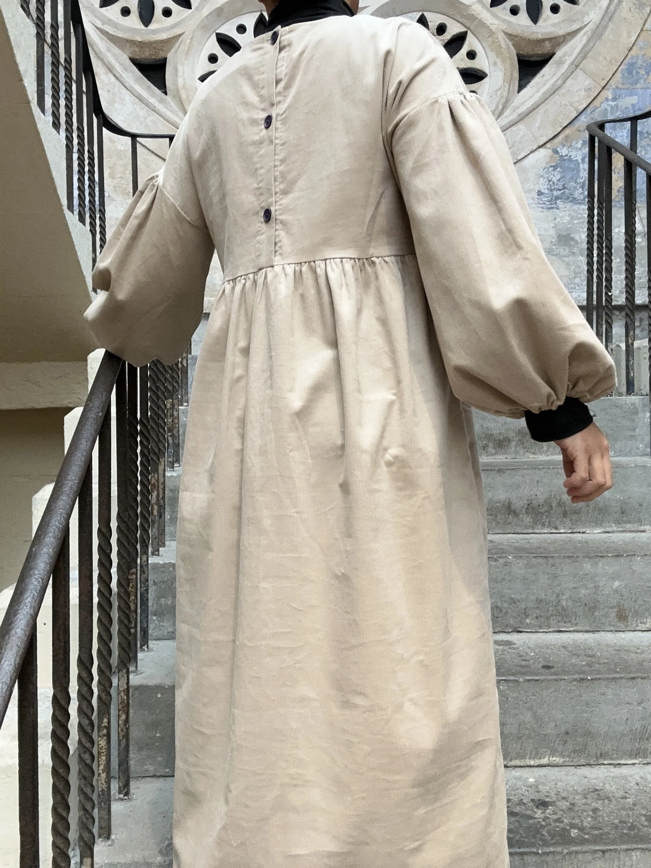 back view of adult wearing Adult Latte Corduroy Maxi Dress