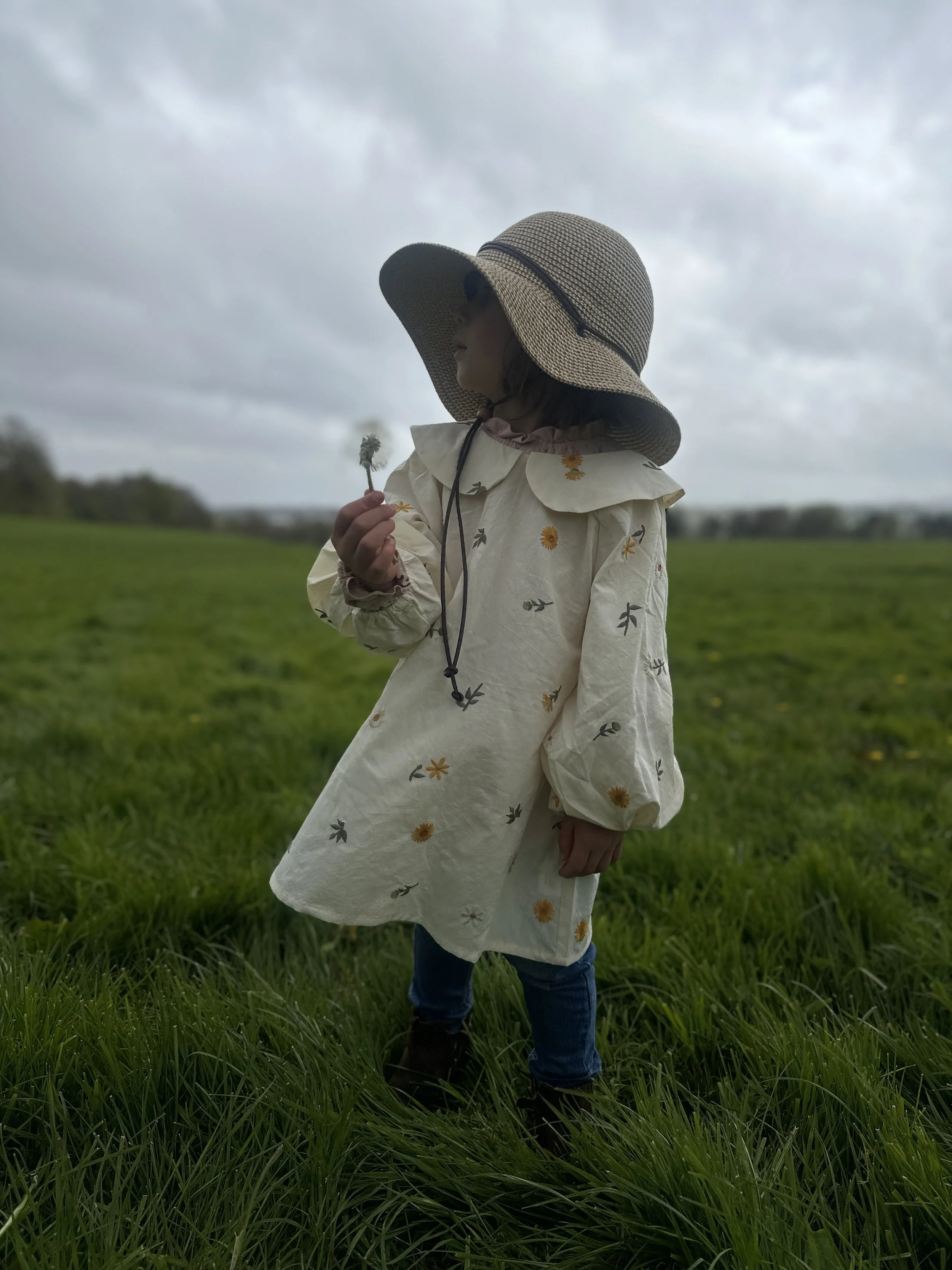 child wearing embroidered dandelion Peter Pan collar dress holding a dandelion on the grass, and sun hat, jeans