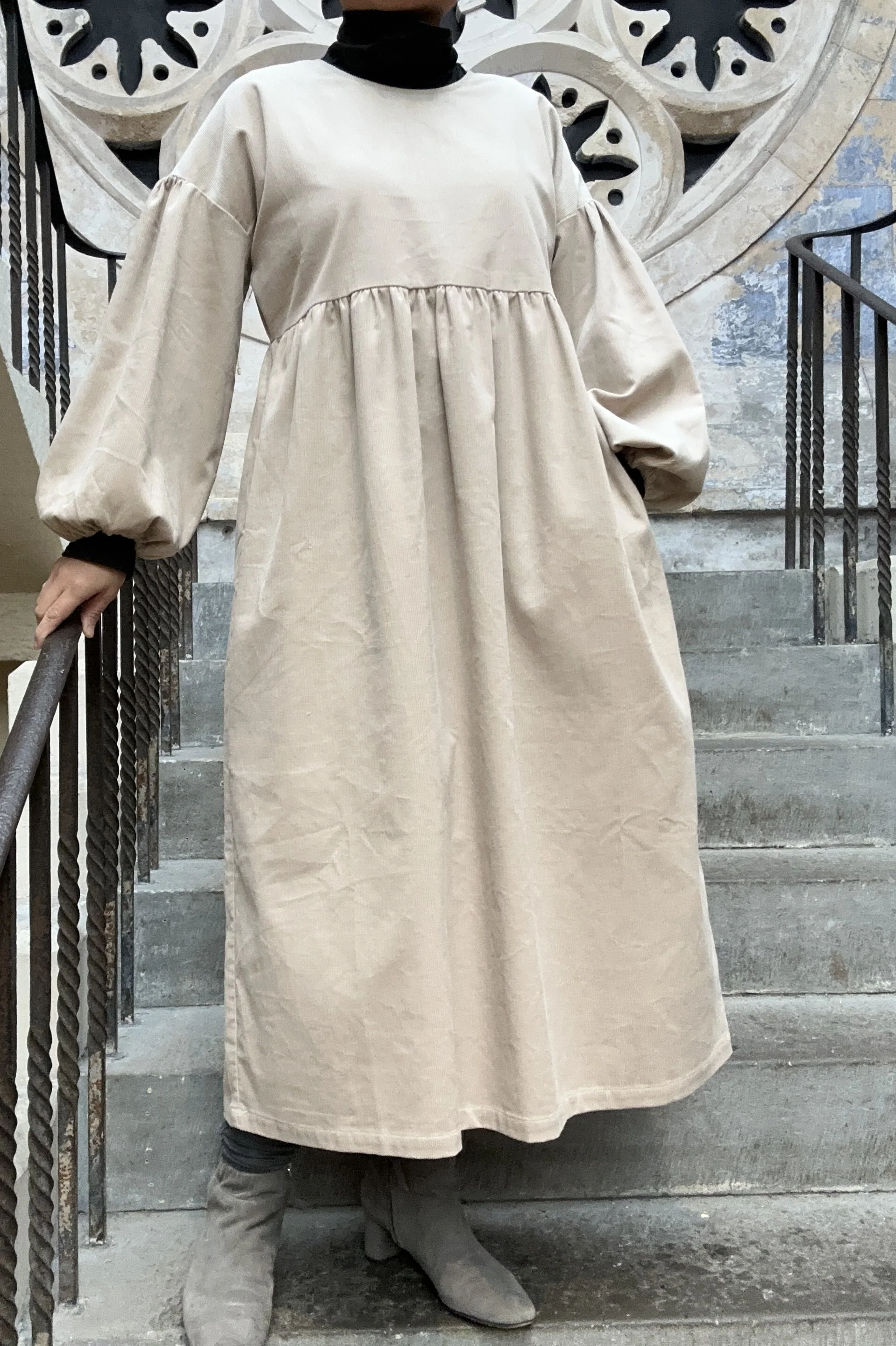 Adult wearing Adult Latte Corduroy Maxi Dress