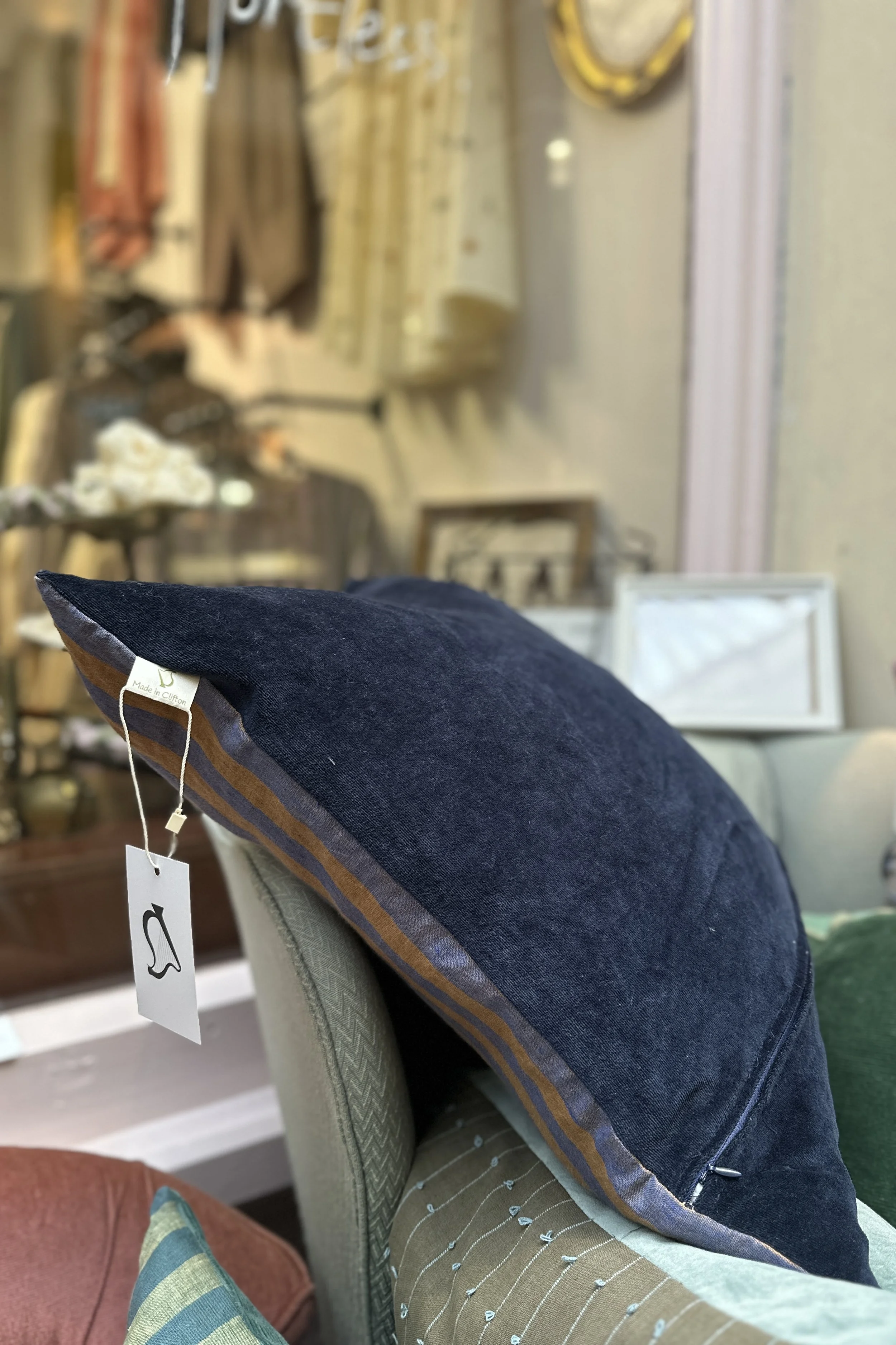 Blue & Ochre Linen & Velvet Duck Feather Cushion