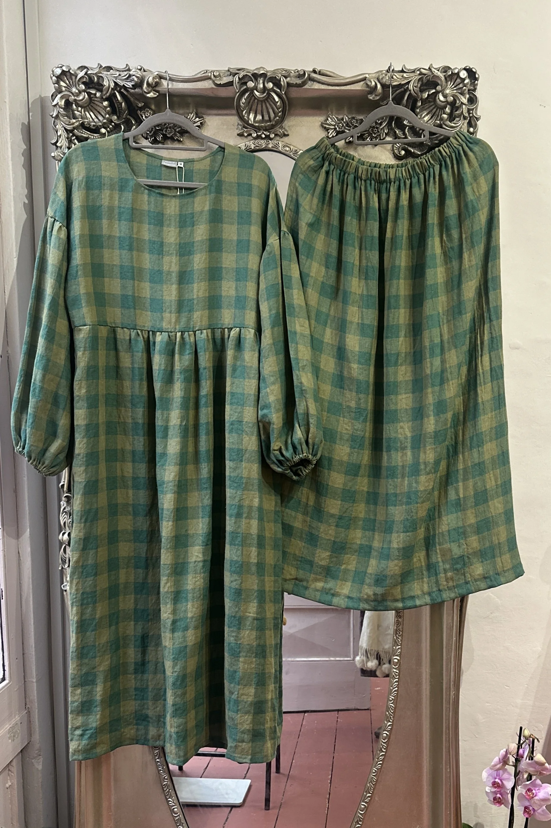 Adult Linen Maxi Skirt– Green Gingham, hanging next to the dress made of same fabric