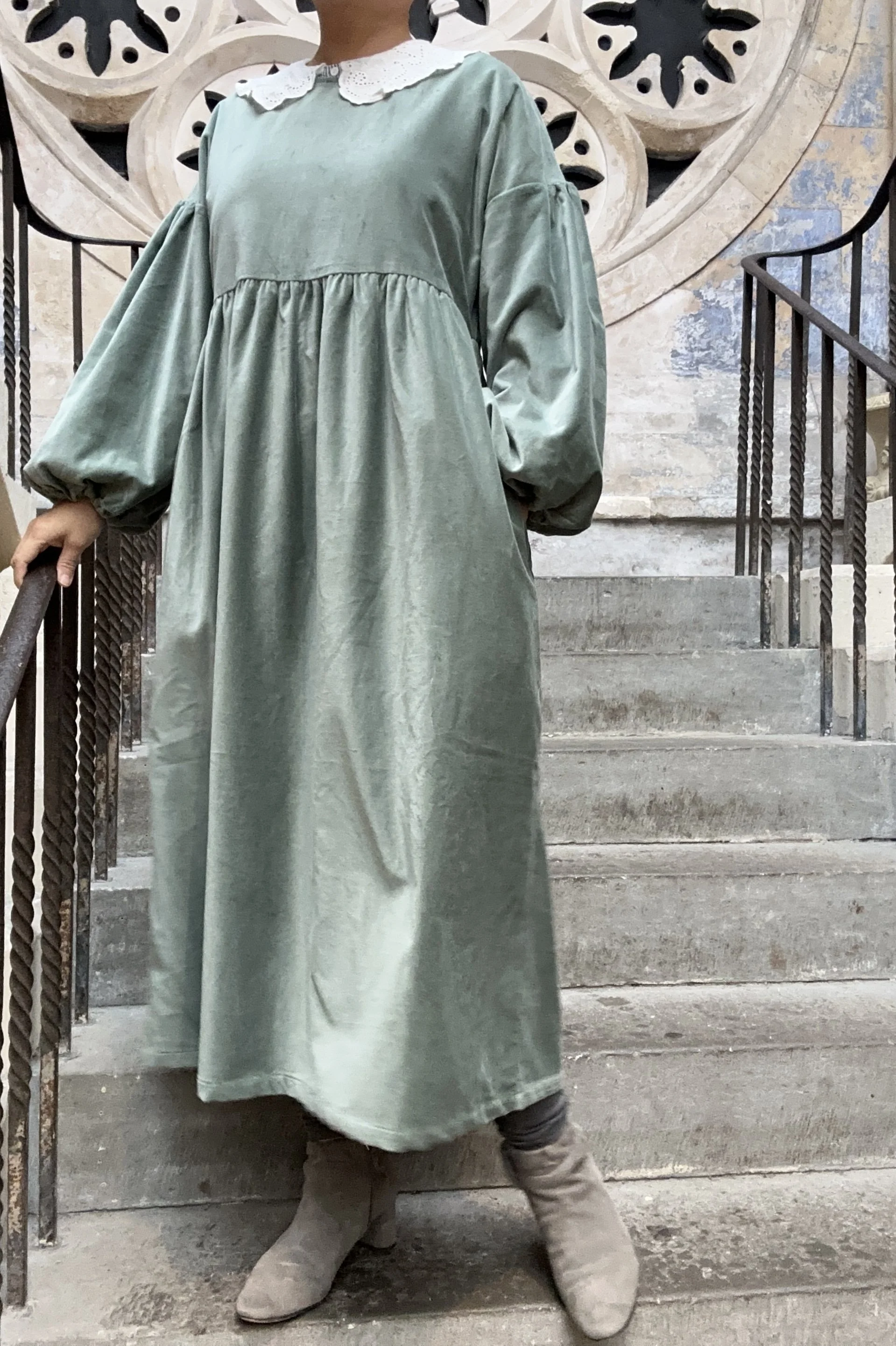 Adult wearing Duck Egg Green-Grey Velvet Maxi Dress