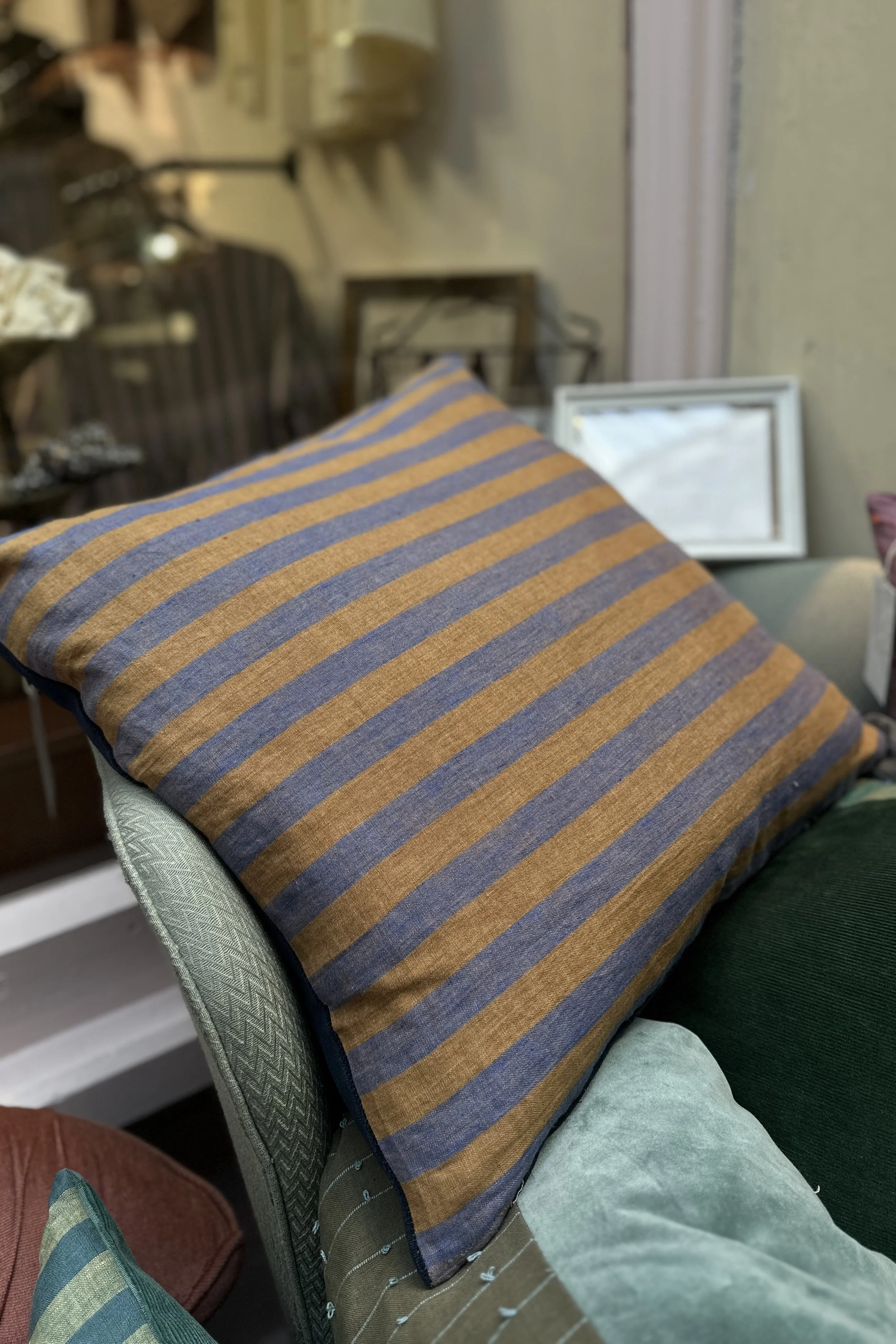 Blue & Ochre Linen & Velvet Duck Feather Cushion