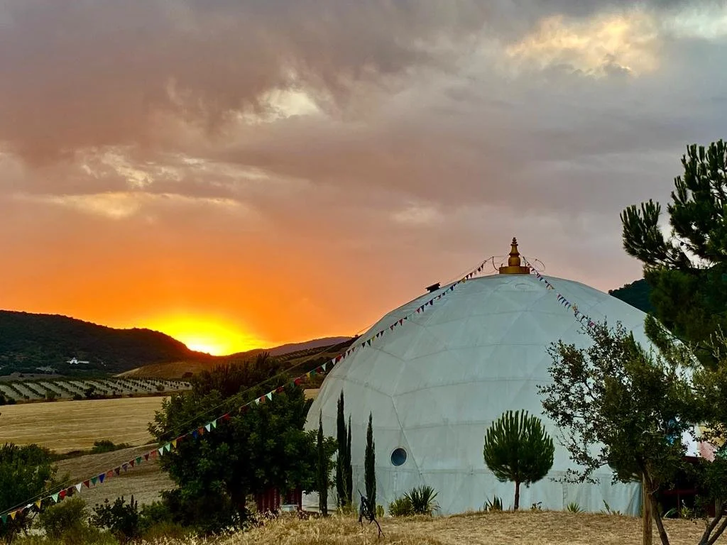 Sunset over a landscape with hills, trees, and a white stupa with prayer flags hanging around it.