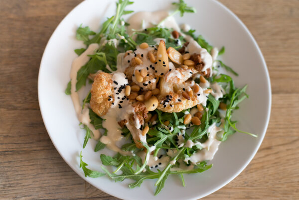 Roasted cauliflower with tahini sauce at food photography shoot London