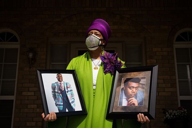 &quot;Sandy Brown holds photographs of her late husband and son, Elder Freddie L. &quot;Lucky&quot; Brown Jr. and Freddie L. Brown III, 20, who both died from the coronavirus three days apart. ⁠
⁠
Sandy Brown envisioned hundreds of people gathered fo