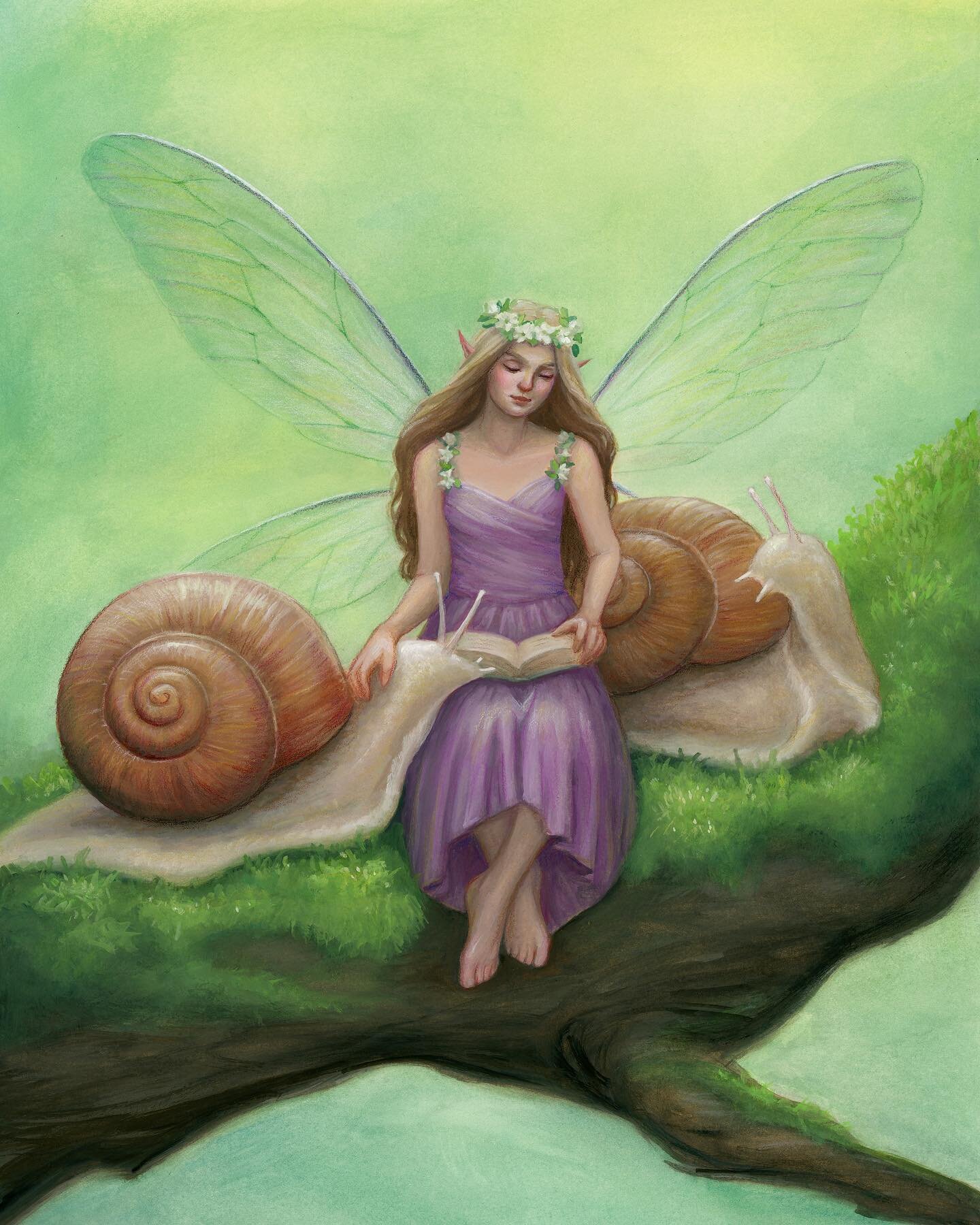 Fairy with snails 11x14&rdquo; gouache and colored pencils on Arches watercolor paper. 💚
.
.
.
#gouachepaint #fairypainting #fantasyart #fairytale #fairyart