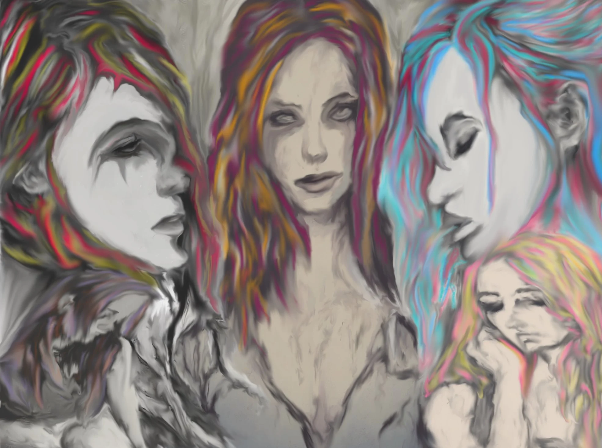 Digital painting of five women with colorful hair and makeup, with a central woman having red hair and a neutral expression, surrounded by women with varied colorful hairstyles and expressions.