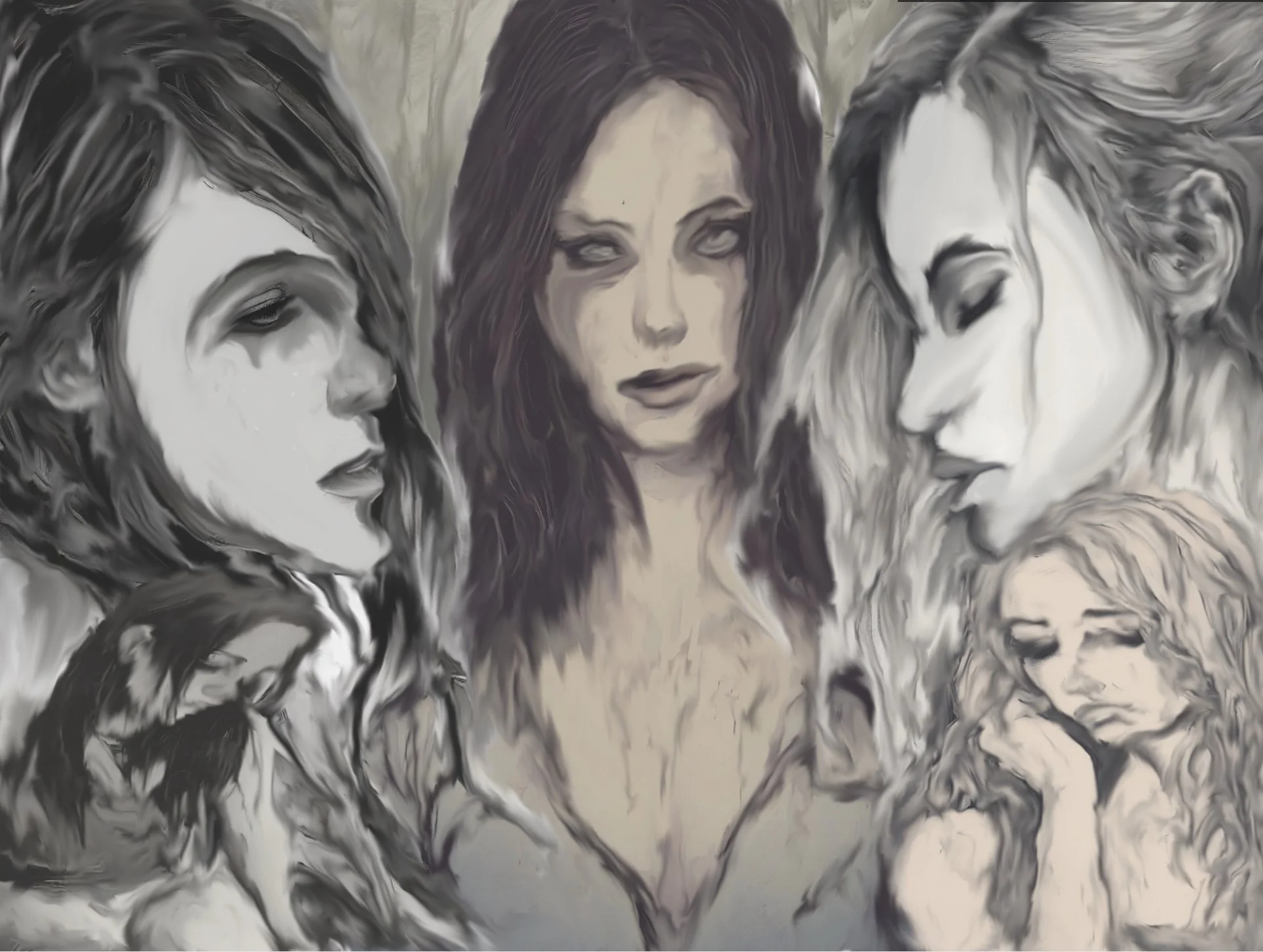 A black and white digital illustration of three women with long hair, featuring expressive and emotional facial expressions.