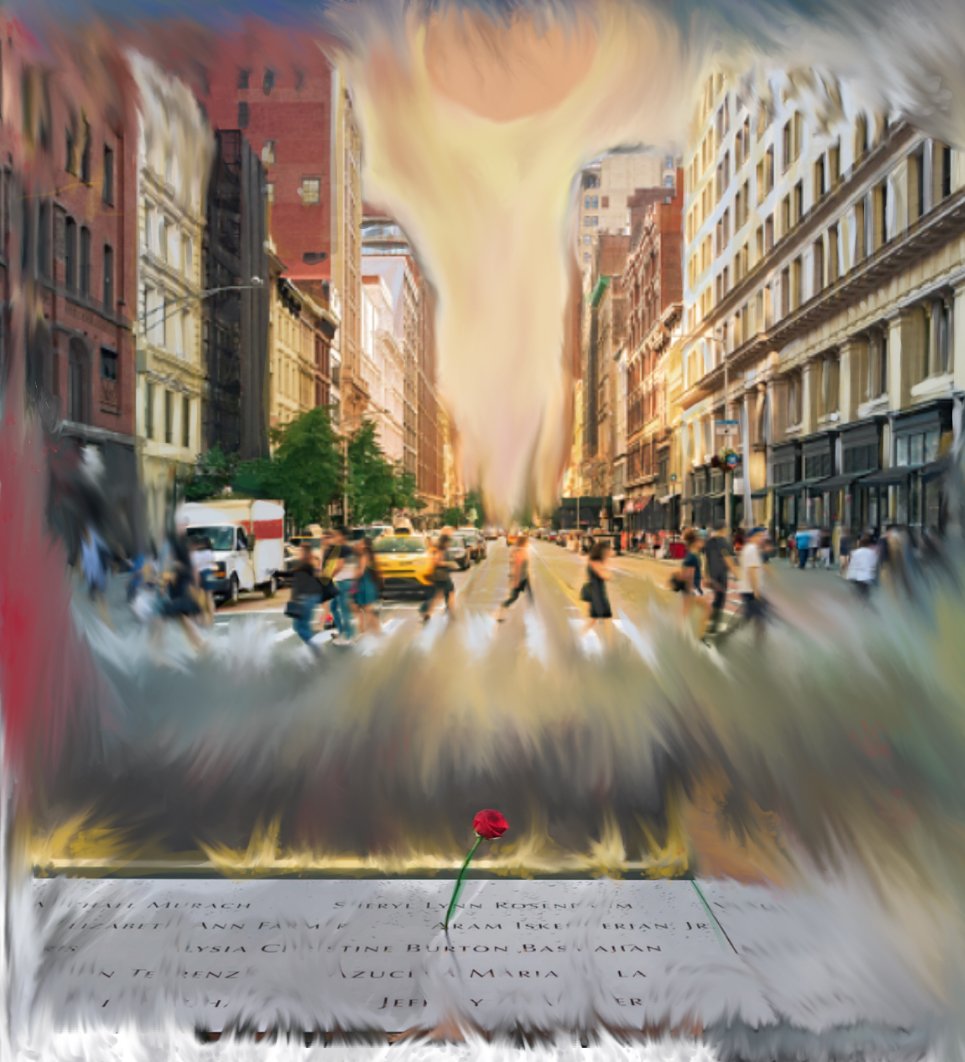 A memorial display with a city street scene in the background, featuring blurred pedestrians and vehicles, and a single red flower in the foreground placed on a stone or plaque.