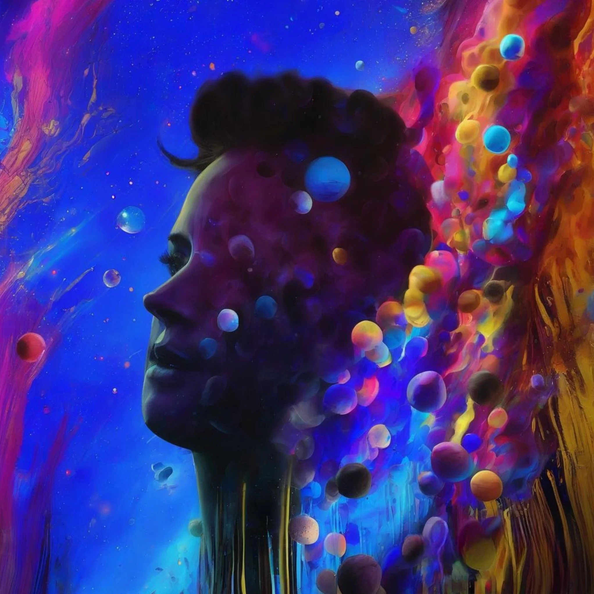 A vibrant, abstract portrait of a woman's face in profile, blended with colorful, swirling patterns and floating orbs in shades of blue, purple, pink, yellow, and orange, giving a cosmic and dreamy atmosphere.