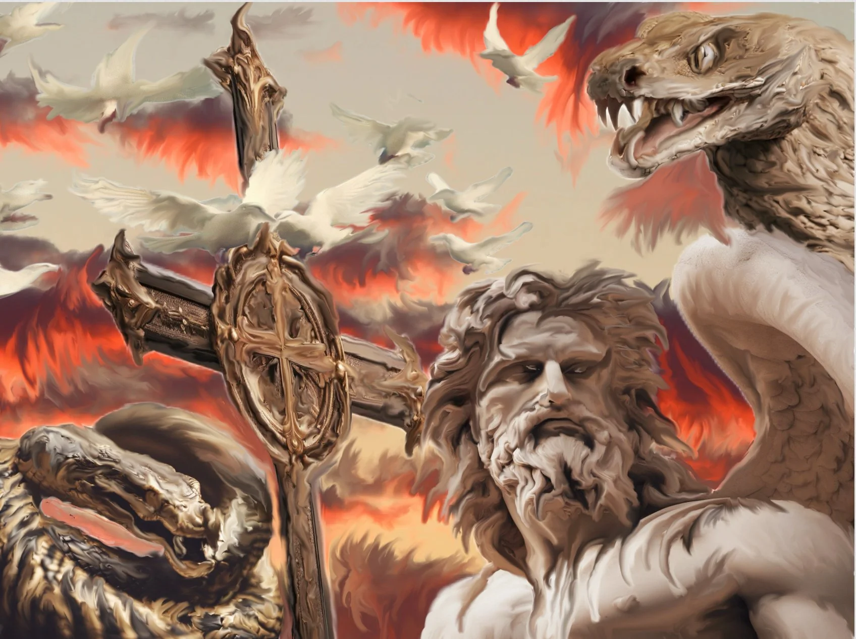 A digital painting depicting a dramatic sky with fiery clouds, white doves, a human figure with a beard, and various mythological creatures including a lion and a snake, with a large ornate cross in the sky.